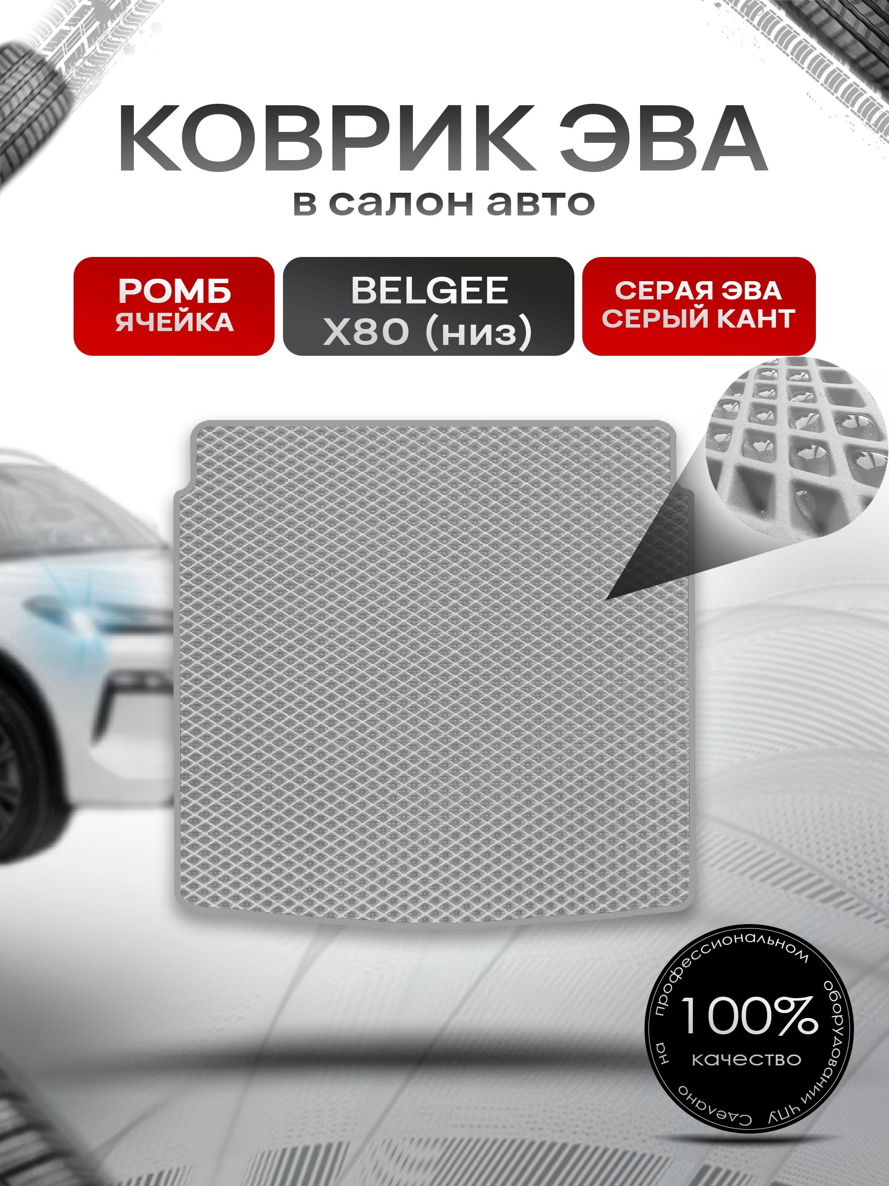 Коврик в багажник ЭВА РОМБ для Belgee X80 (нижний уровень) 2025+ / Белджи Х80 Серый с Серым кантом. Ричмарк — фото 1