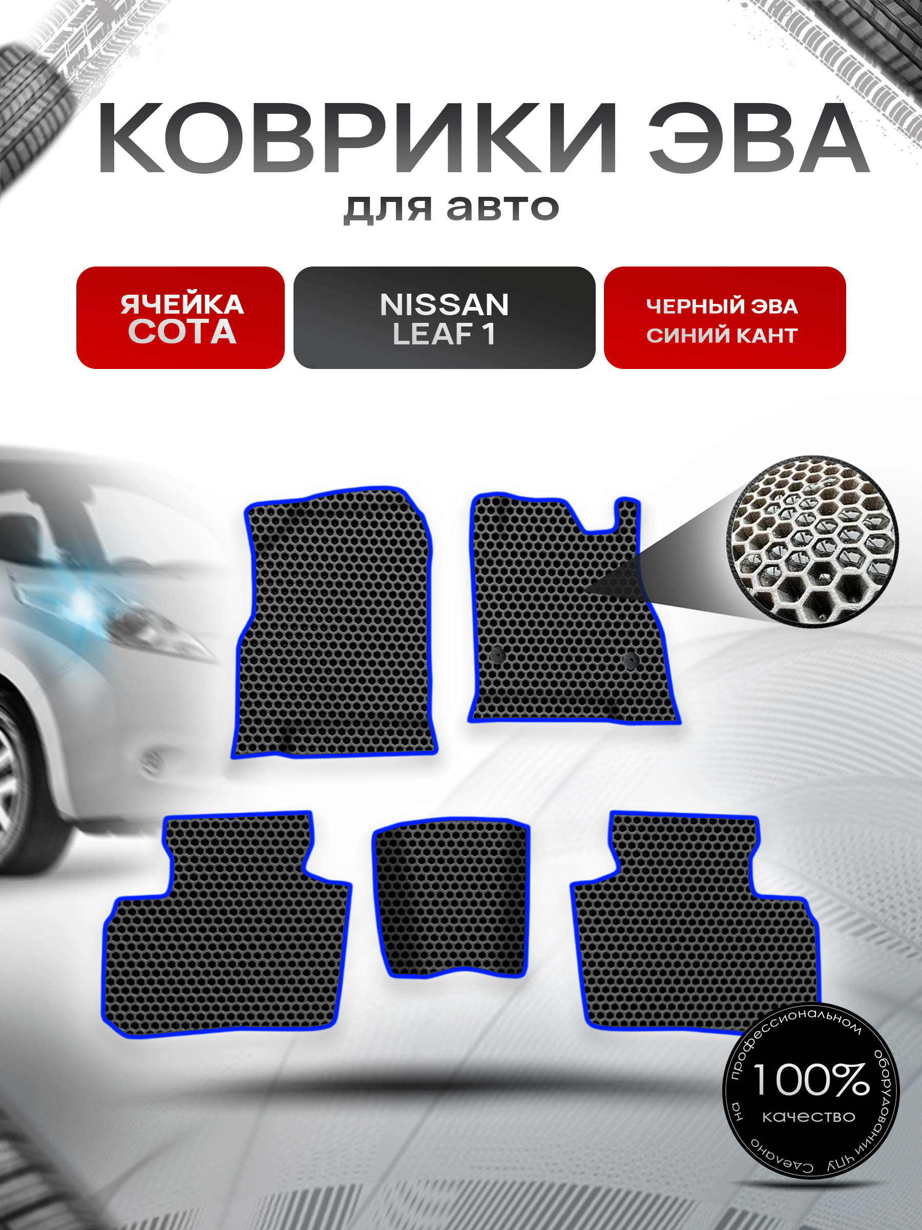 Коврики ЭВА СОТА для авто Nissan Leaf 1 / Ниссан Лиф 1 правый руль 2010-2017 Г.В. Чёрный с Синим кантом. Ричмарк — фото 1