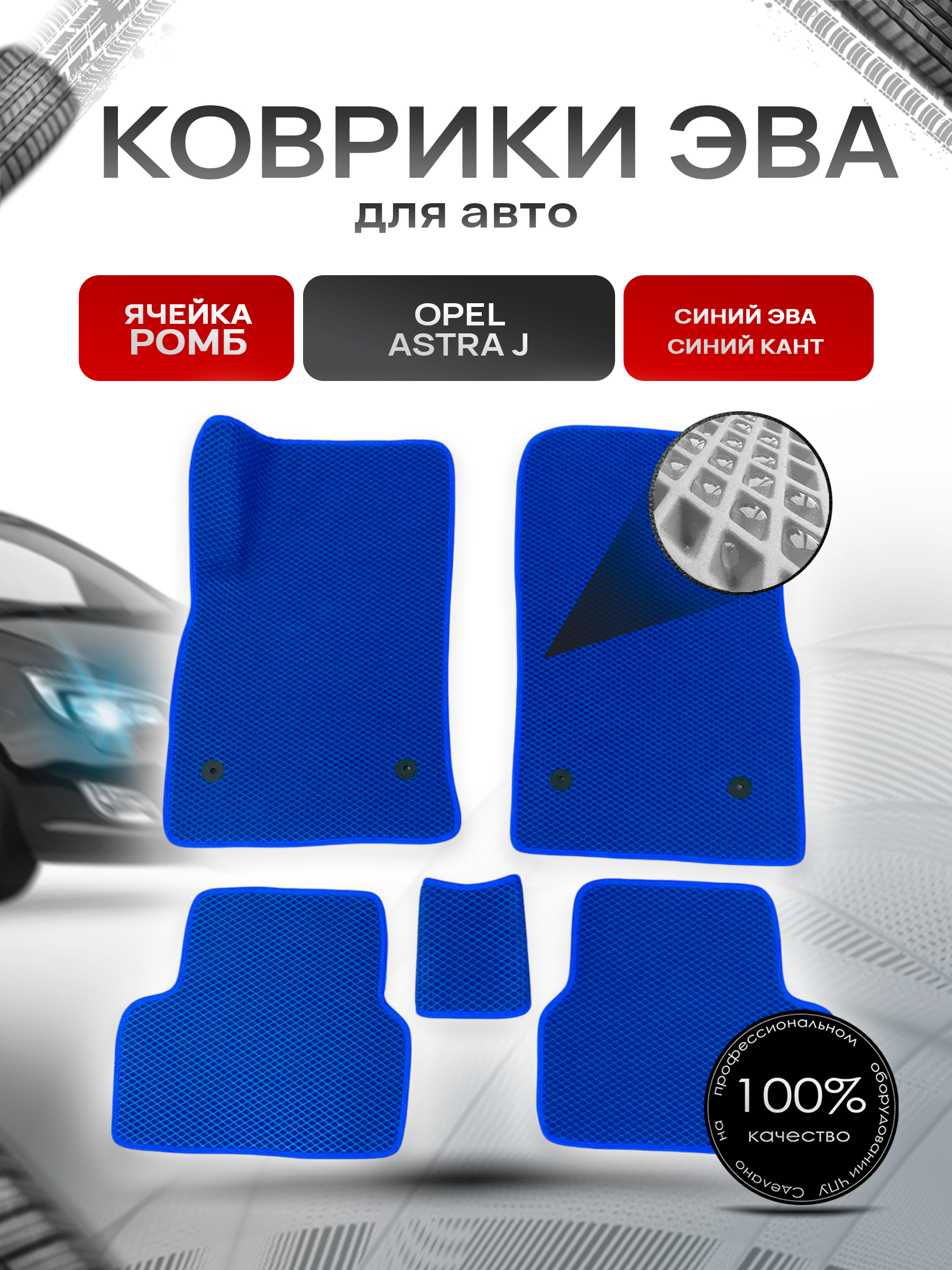 Коврики ЭВА для авто Opel Astra / Опель Астра J 2009-2017 Г.В. Синий С Синим Кантом. Ричмарк — фото 1