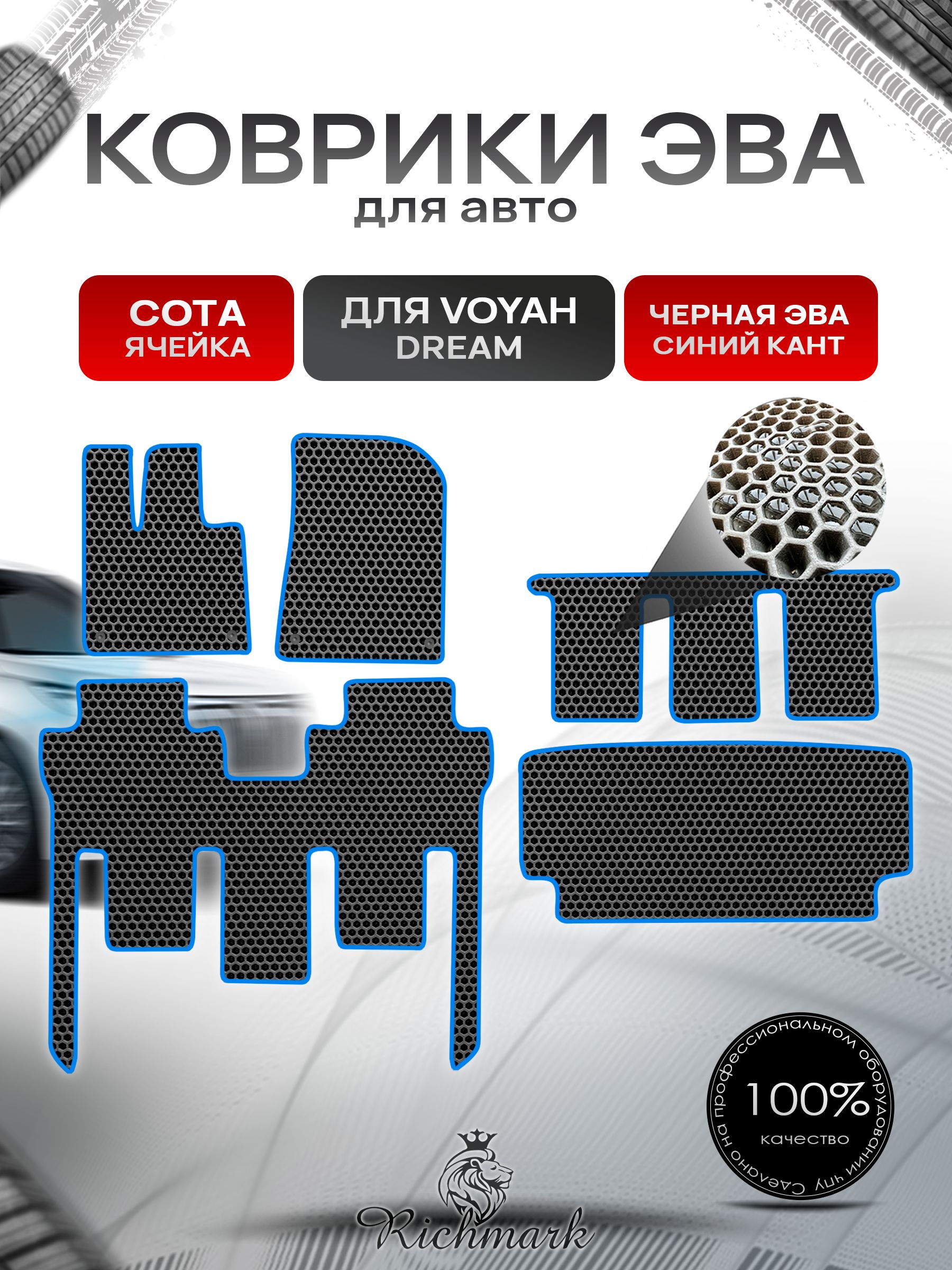 Коврики ЭВА СОТА для автомобиля Voyah Dream 2021+ / Воя Дрим Чёрный С Синим Кантом. Ричмарк — фото 1