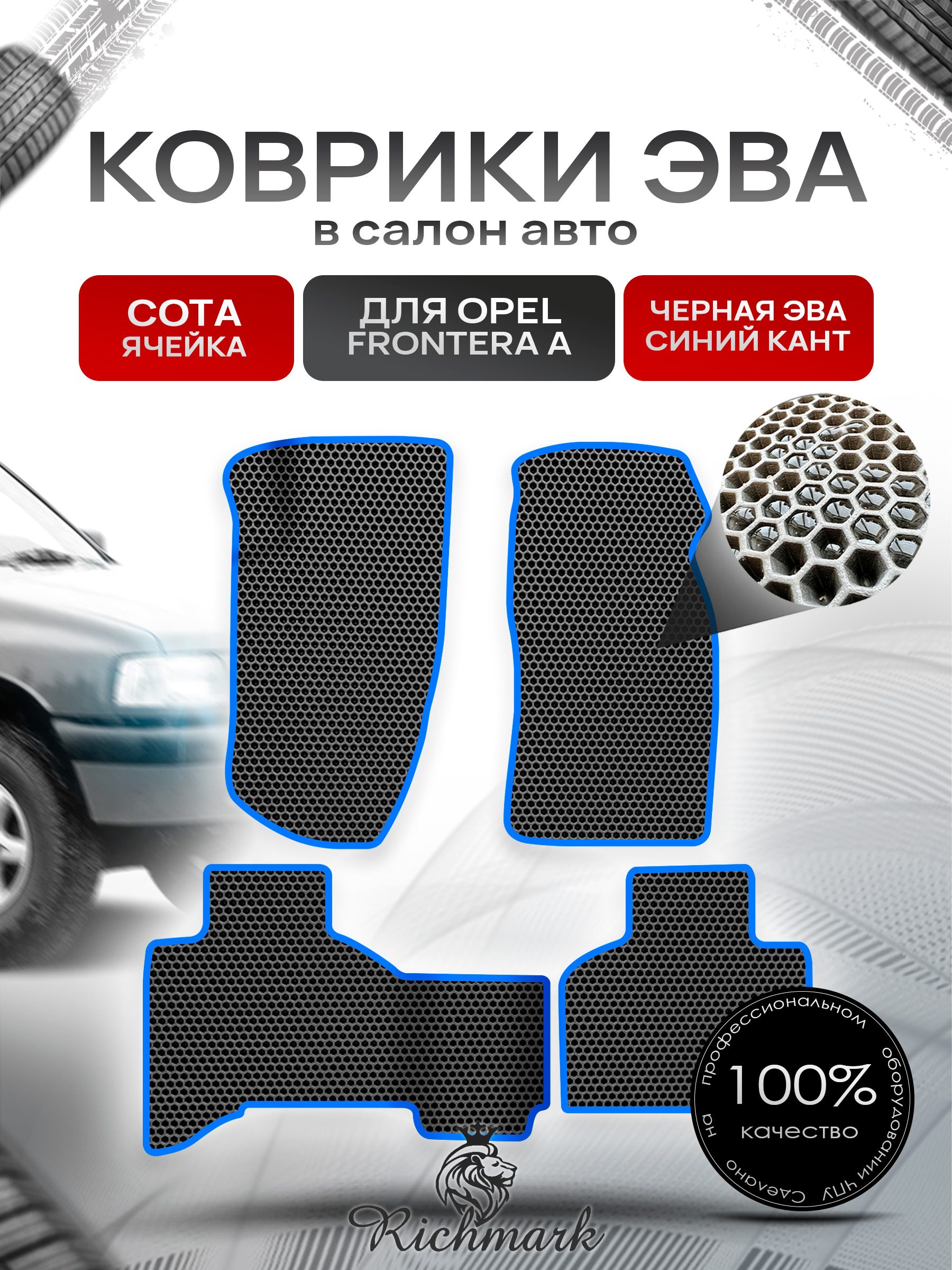 Коврики ЭВА СОТА для автомобиля Opel Frontera A 1992-1998 / Опель Фронтера Чёрный С Синим Кантом. Ричмарк — фото 1