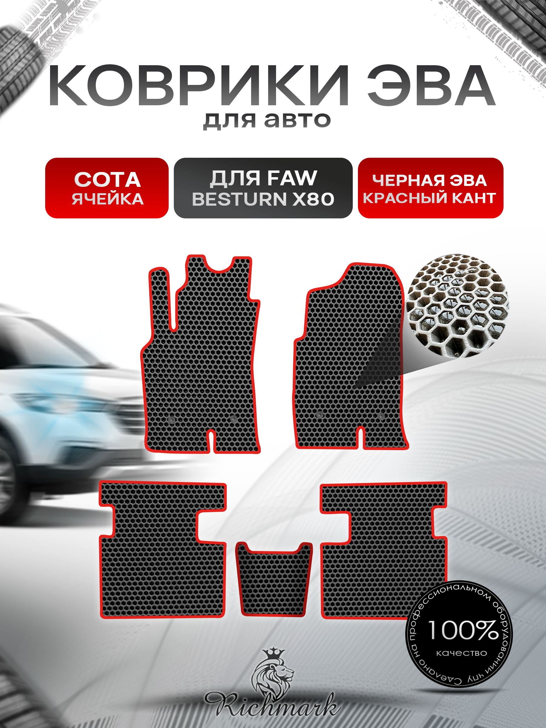 Коврики ЭВА СОТА для автомобиля FAW Besturn X80 2013-2022 / ФАВ Бестурн Чёрный С Красным Кантом. Ричмарк — фото 1