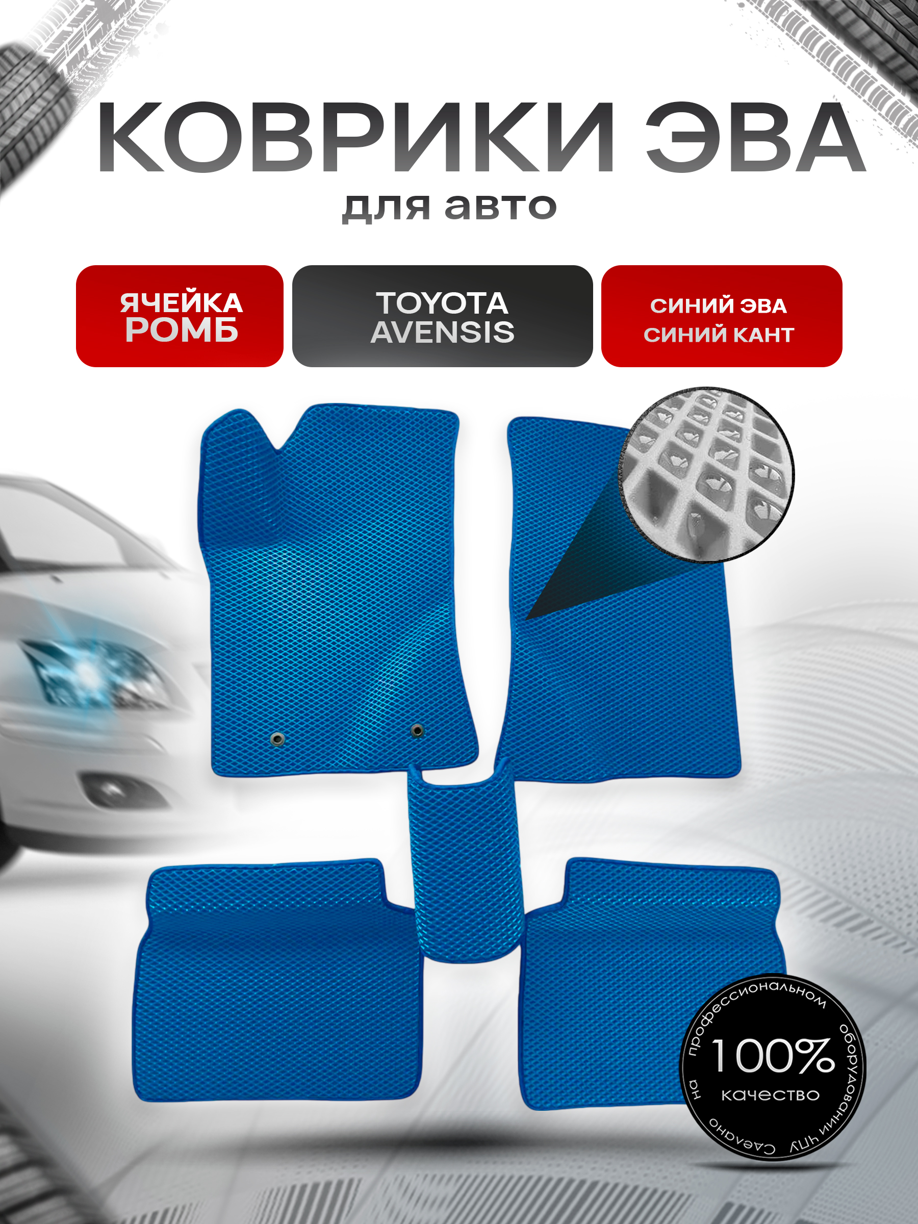 Коврики ЭВА для авто Toyota Avensis / Тойота Авенсис Леворульный 2003-2009 Г.В. Синий С Синим Кантом. Ричмарк — фото 1