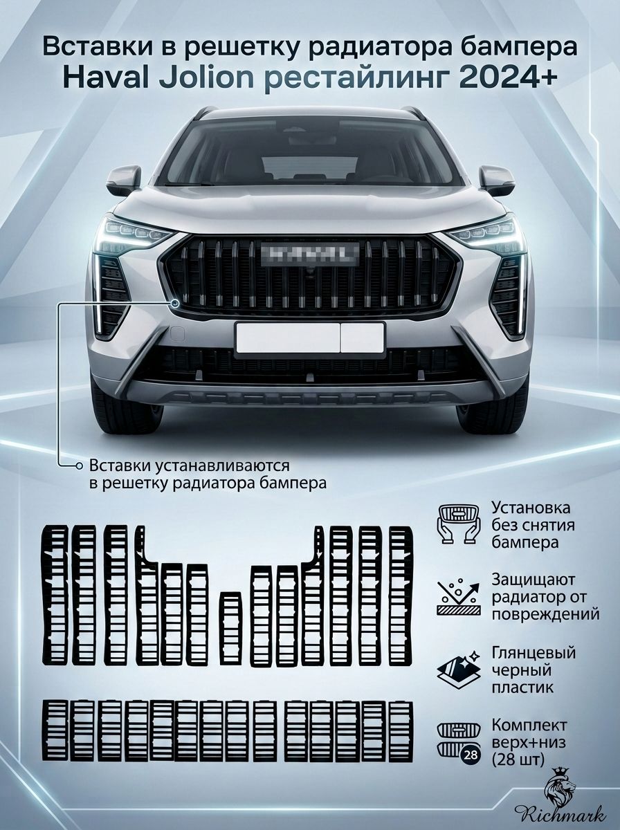 Полный комплект Вставки в решетку бампер/ защита радиатора для Haval Jolion Хавал Джолион 2024-2026 (рестайлинг) Ричмарк — фото 1
