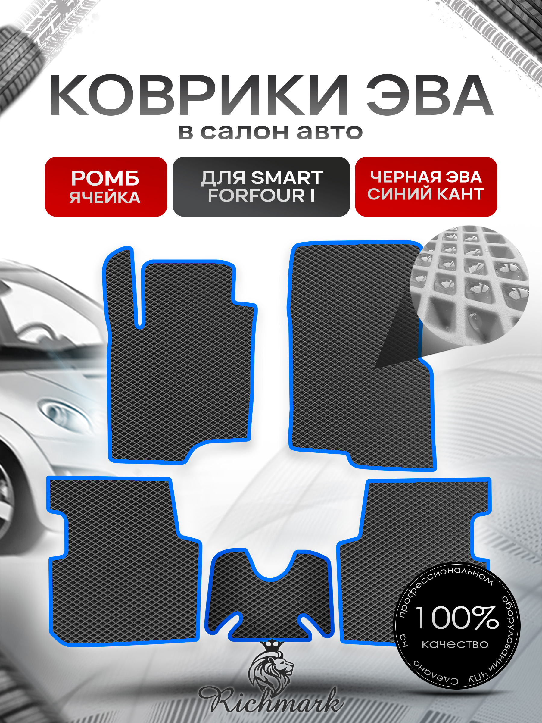 Коврики ЭВА РОМБ для автомобиля Smart Forfour I 2004-2006 / Смарт Форфор Чёрный С Синим Кантом. Ричмарк — фото 1