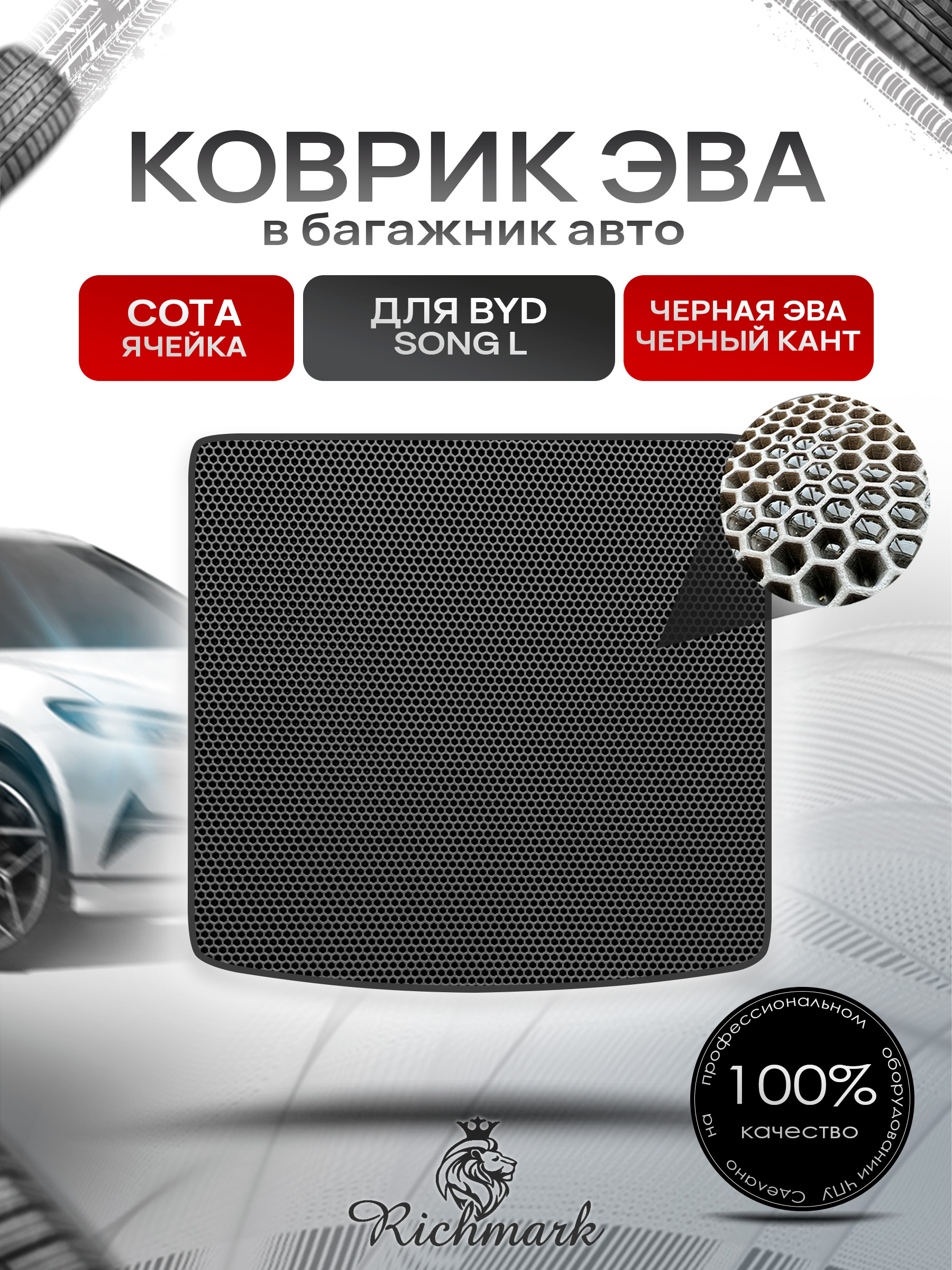 Коврик в багажник ЭВА СОТА для BYD Song L 2023+ Чёрный с Чёрным кантом. Ричмарк — фото 1