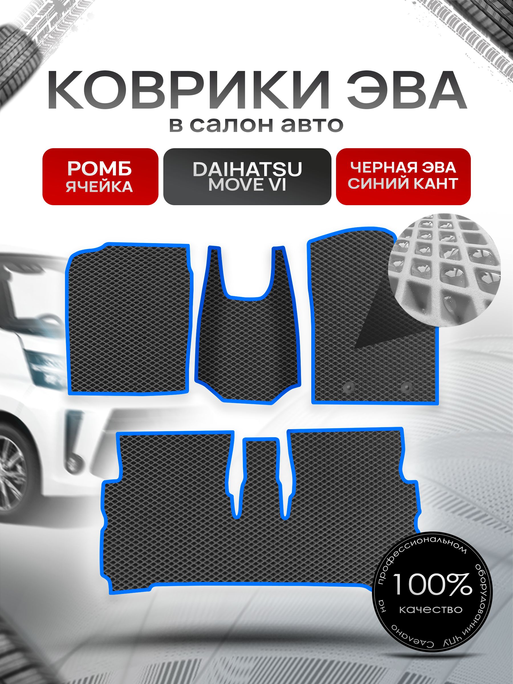 Коврики ЭВА РОМБ для авто Дайхатсу Мув 6 / Daihatsu Move 6 2014+ Чёрный С Синим Кантом. Ричмарк — фото 1