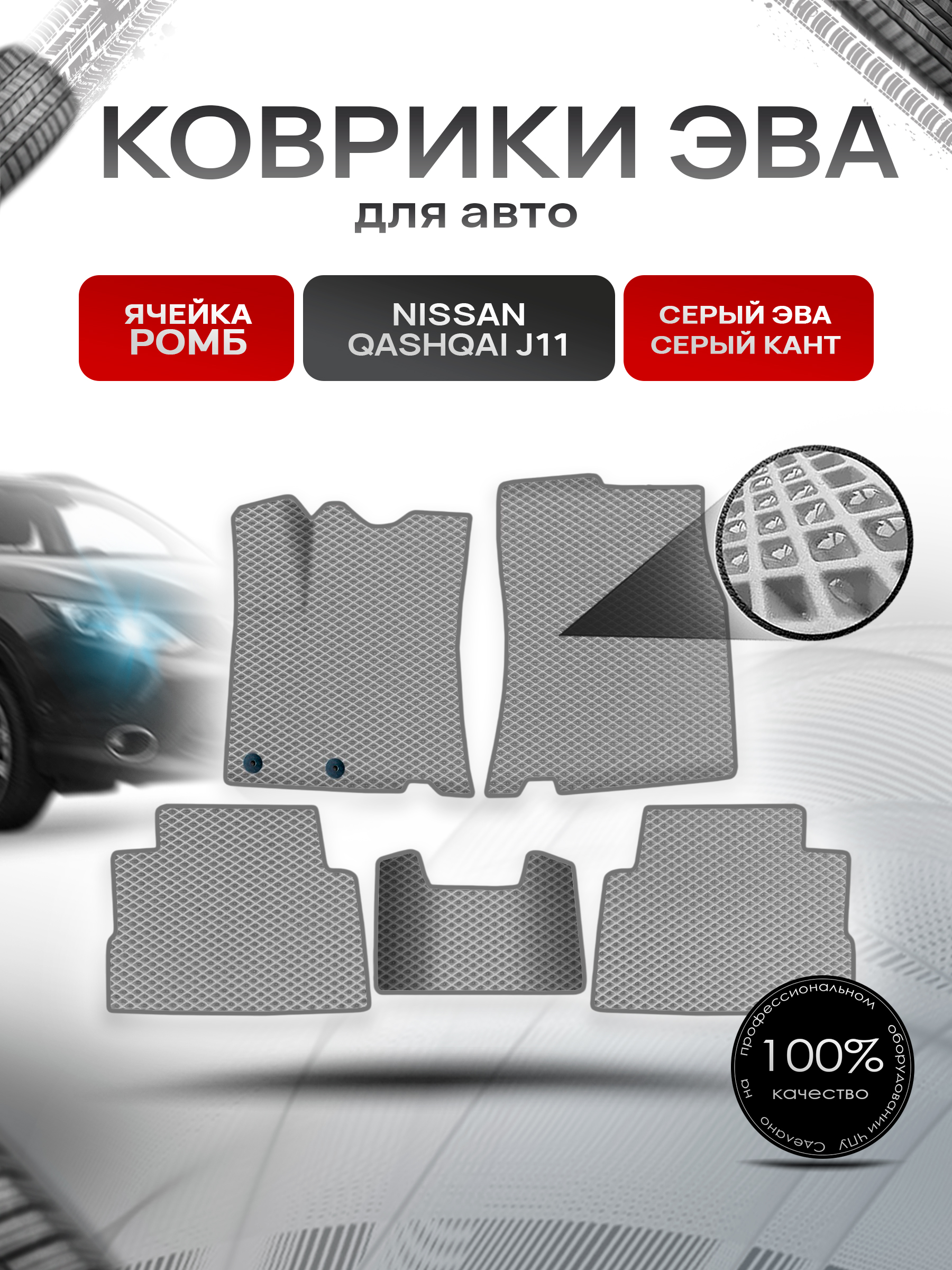 Коврики ЭВА Ромб для авто Nissan Qashqai / Ниссан Кашкай (Английская сборка) J11 2013-2021 Г.В. Серый с Серым кантом. Ричмарк — фото 1