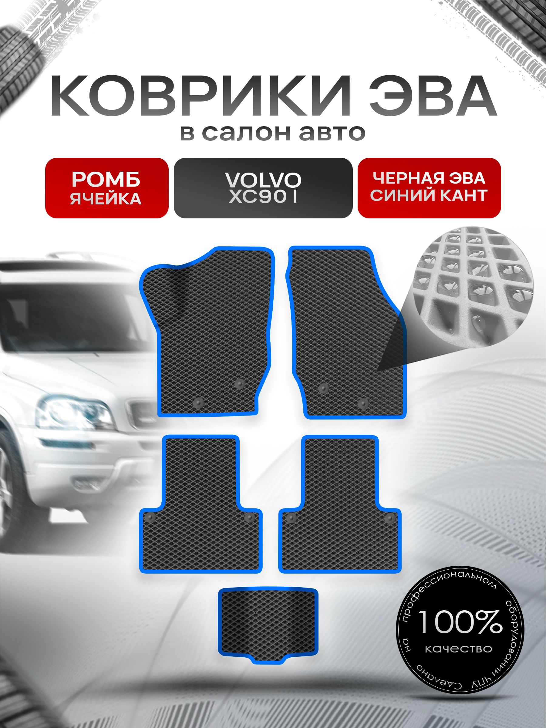 Коврики ЭВА для авто Volvo XC90 / Вольво ХС90 2006-2014 Г.В. Чёрный С Синим Кантом. Ричмарк — фото 1