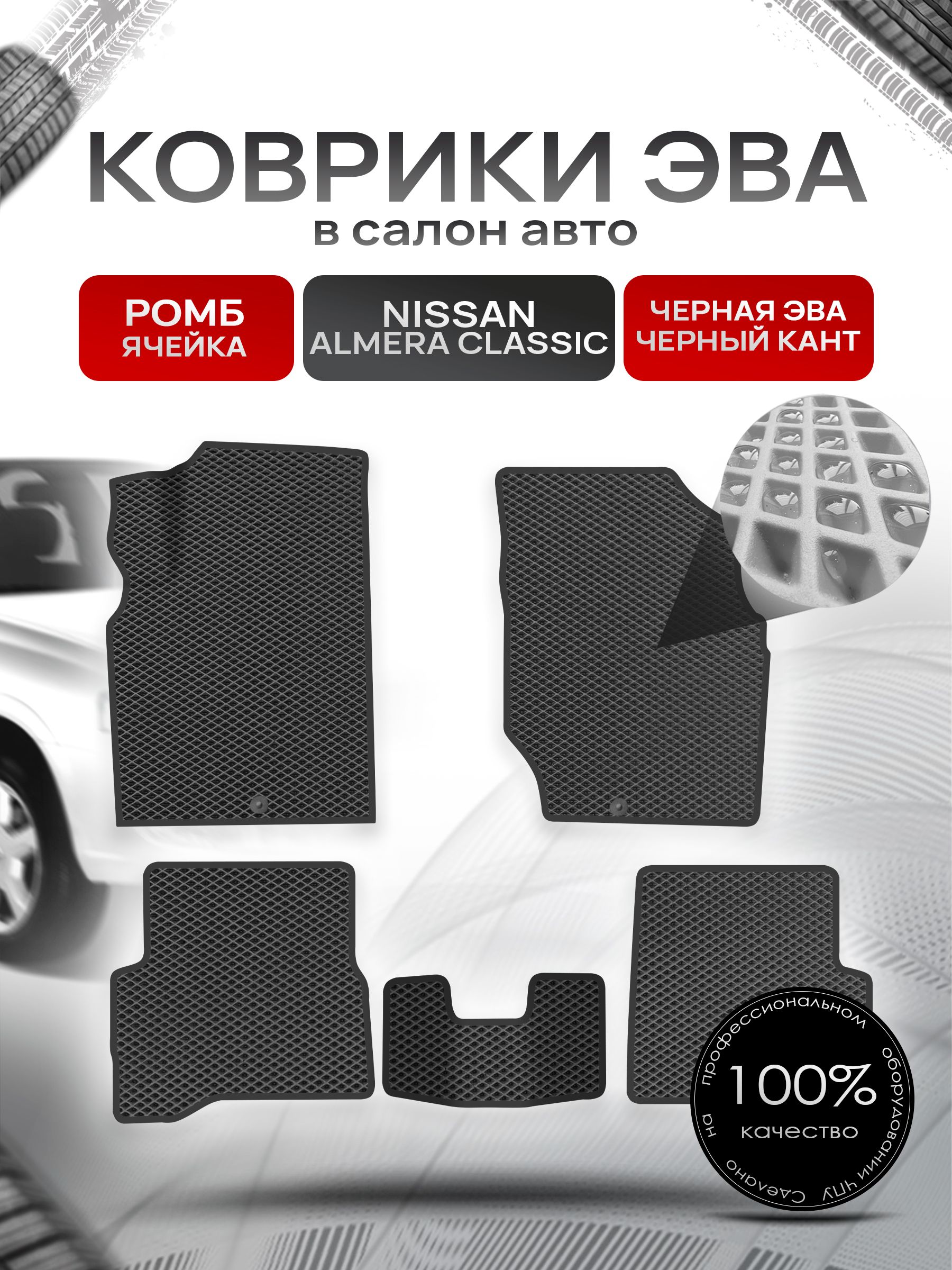 Коврики ЭВА для авто Nissan Almera / Ниссан Альмера Classic 2006-2013 Г.В. Чёрный С Чёрным Кантом. Ричмарк — фото 1