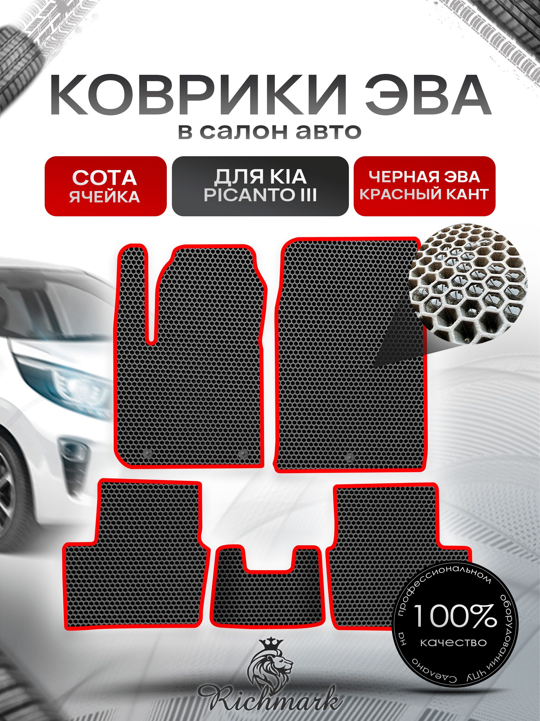 Коврики ЭВА СОТА для автомобиля Kia Picanto III 2017+ / Киа Пиканто 3 Чёрный С Красным Кантом. Ричмарк — фото 1