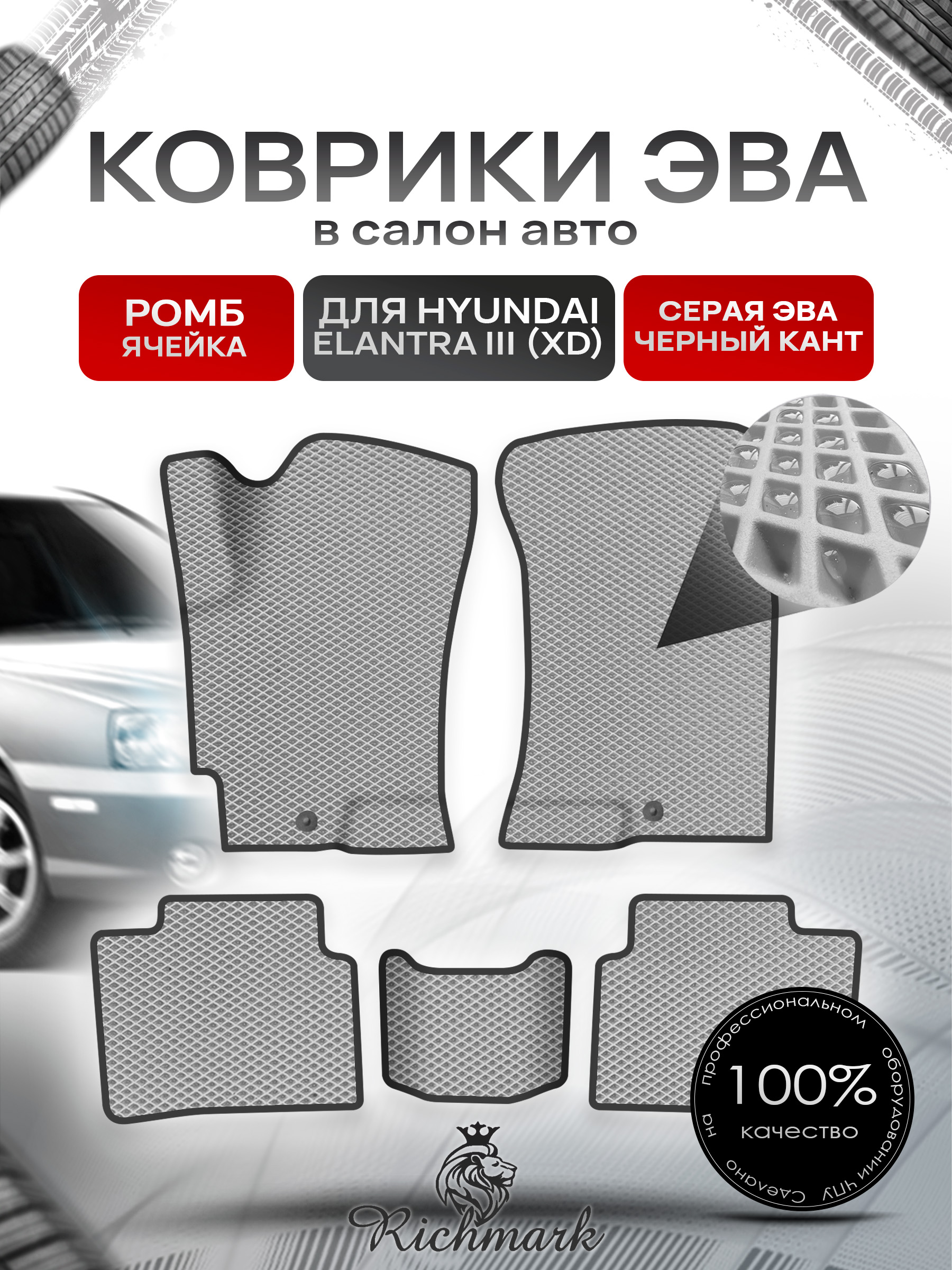 Коврики ЭВА для авто Hyundai Elantra / Хюндай Элантра (XD) 2000-2010 Г.В. Серый С Чёрным Кантом. Ричмарк — фото 1