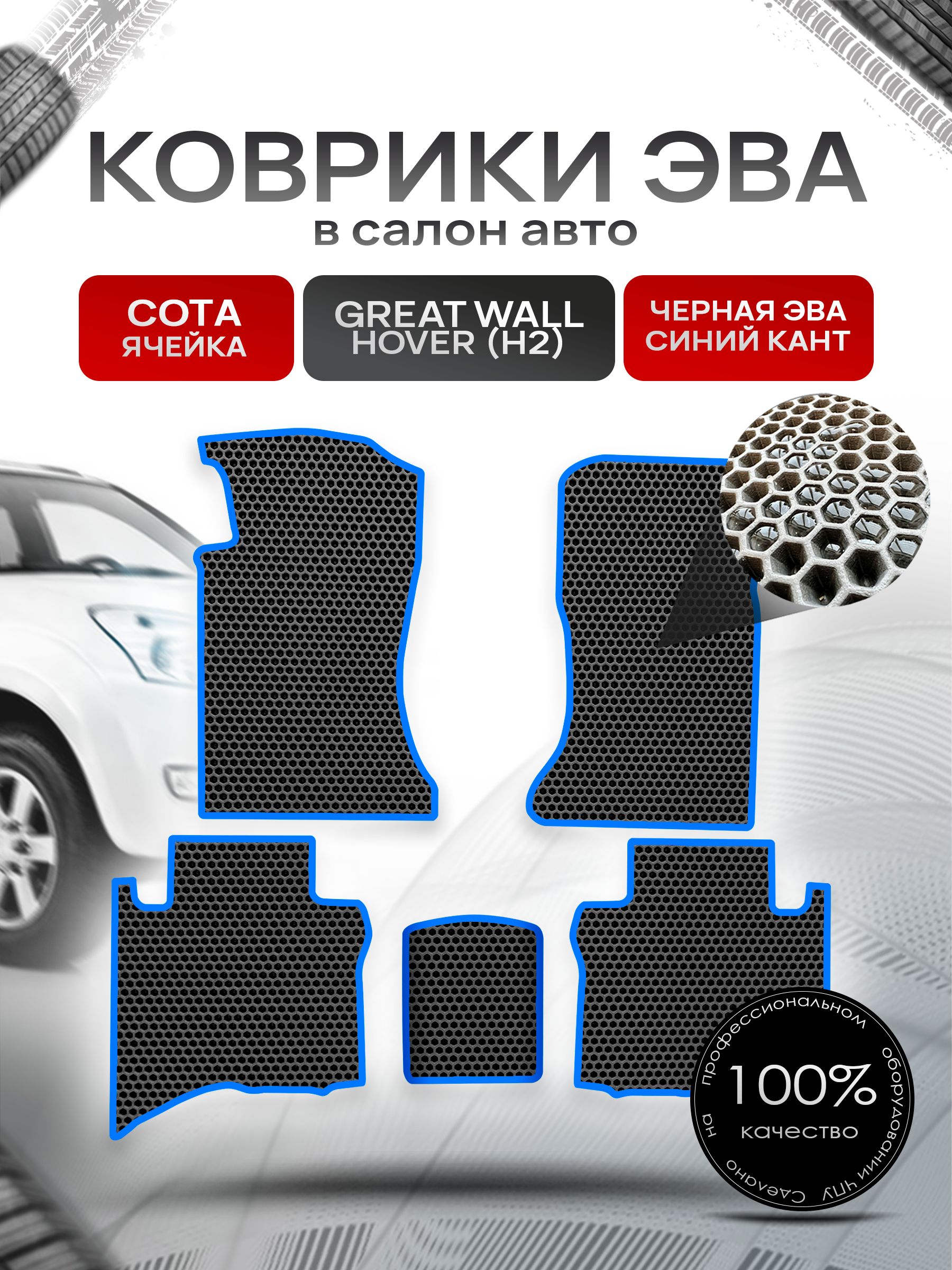 Коврики ЭВА СОТА для авто Грейт Волл Ховер (5 мест) / Great Wall Hover (H2) 2005-2010 (5 мест) Чёрный С Синим Кантом. Ричмарк — фото 1