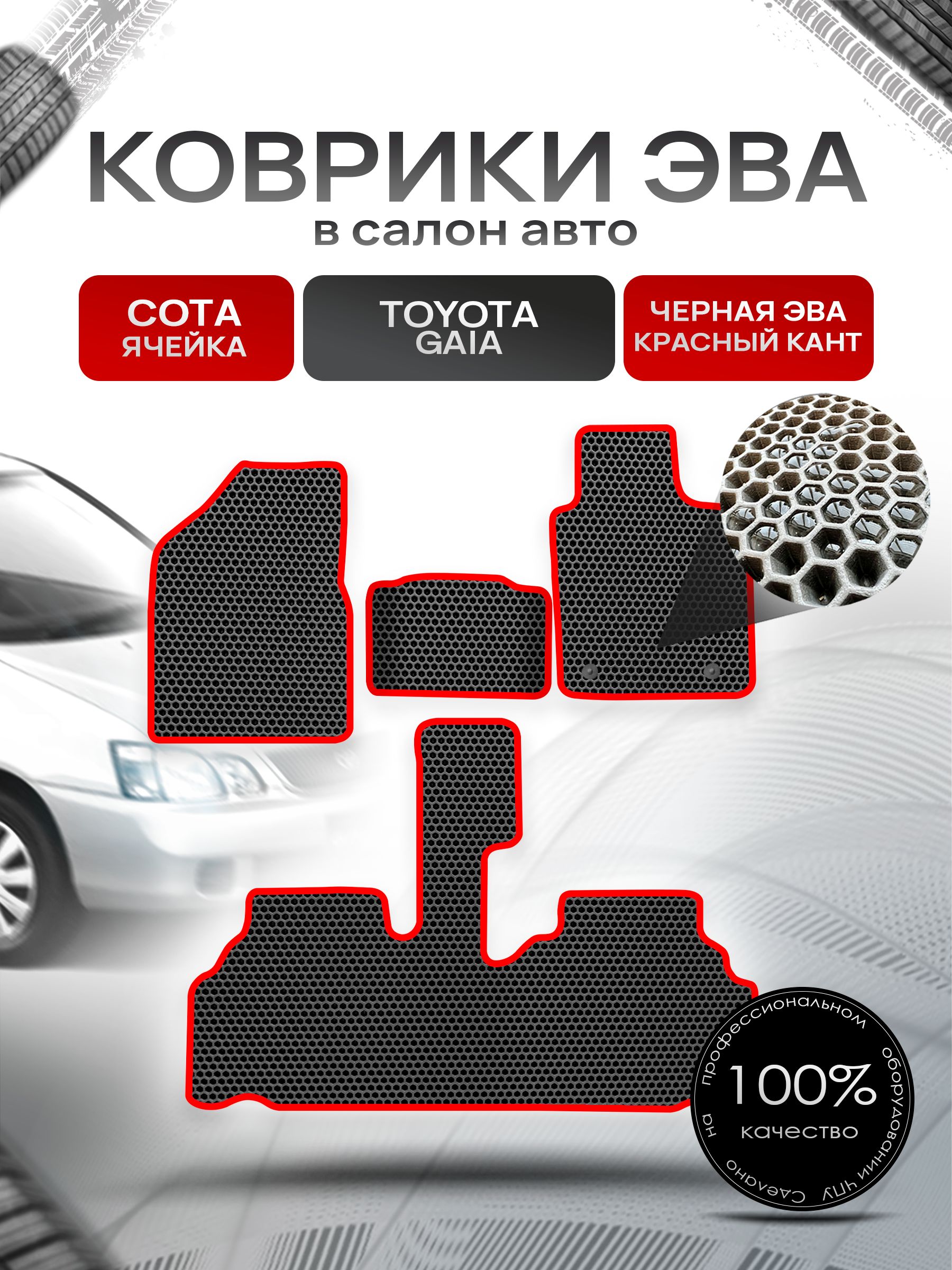 Коврики ЭВА Сота для авто Тойота Гайя / Toyota Gaia 1998 - 2004 (правый руль) Чёрный с Красным кантом. Ричмарк — фото 1