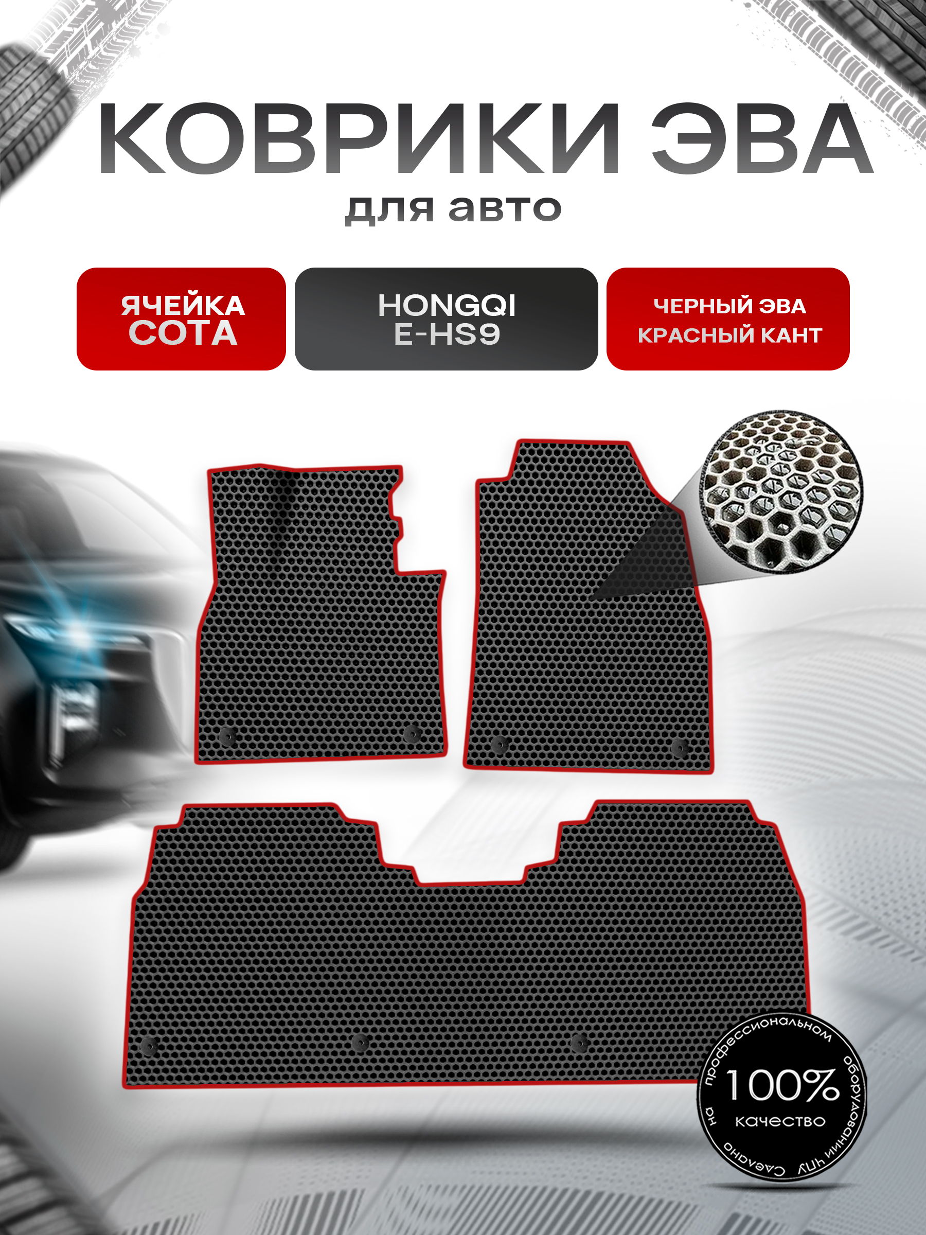 Коврики ЭВА СОТА для авто Hongqi E-HS9 / Хонгки Е-HC9 2020+ Чёрный с Красным кантом. Ричмарк — фото 1