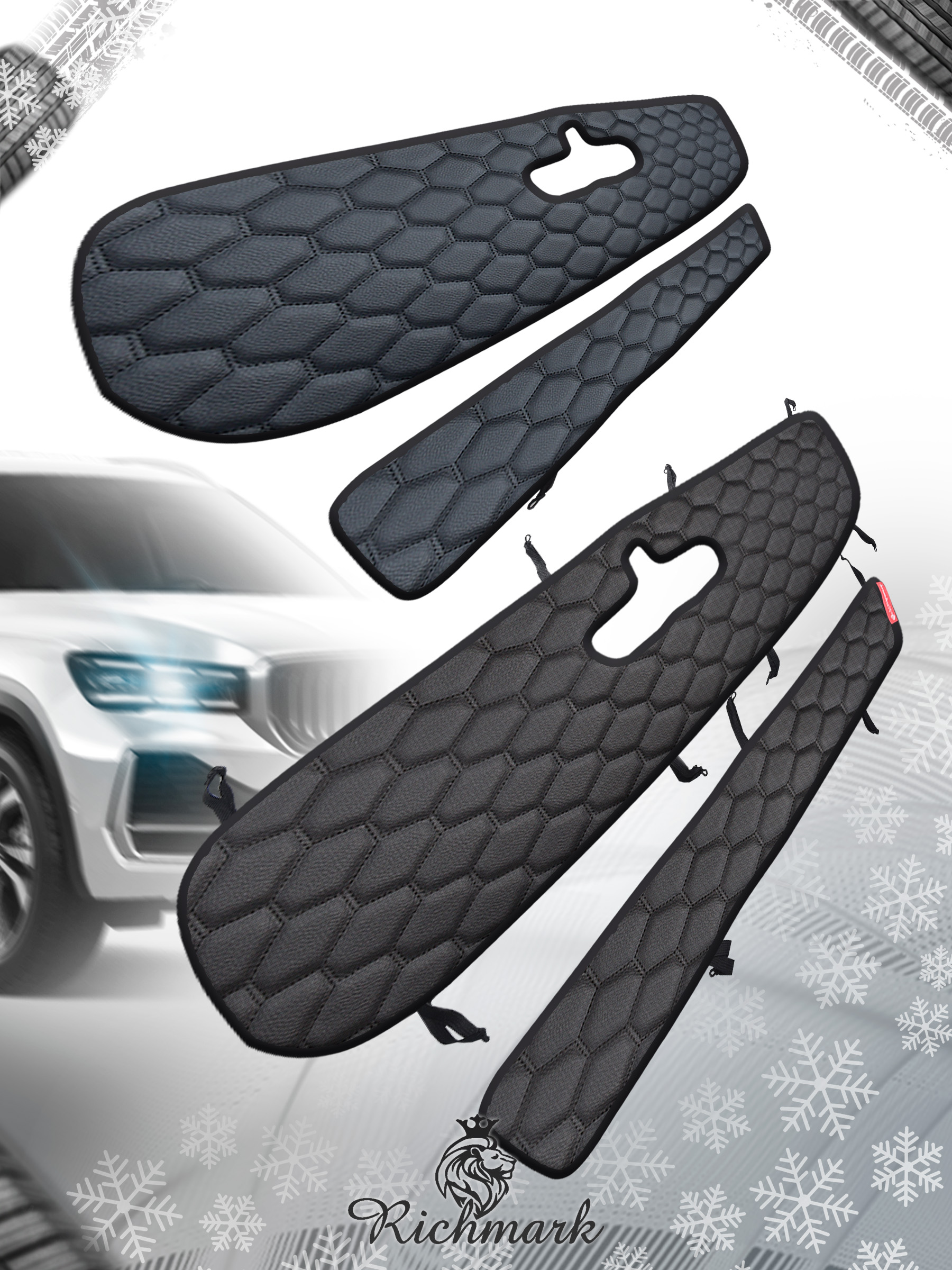 Утеплитель решетки радиатора авто из эко-кожи для Geely Monjaro с вырезом под камеру Сота. Ричмарк — фото 2