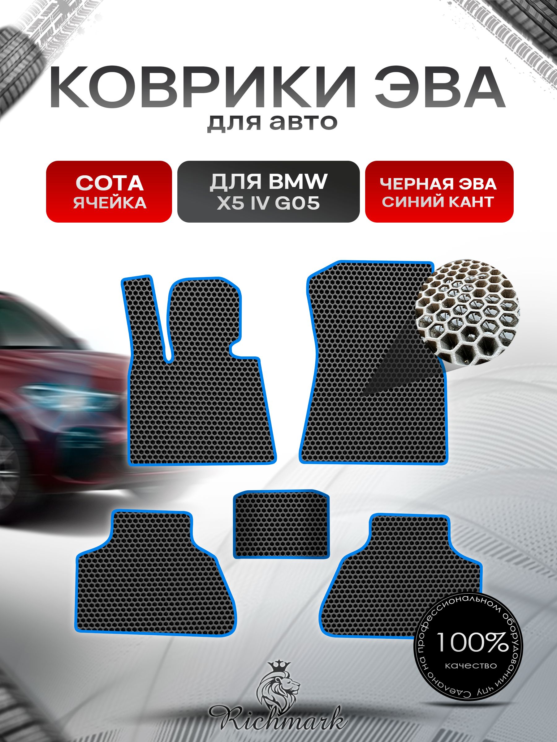 Коврики ЭВА СОТА для автомобиля BMW X5 4 поколение (G05) 2018-2023 / БМВ Икс 5 Чёрный С Синим Кантом. Ричмарк — фото 1