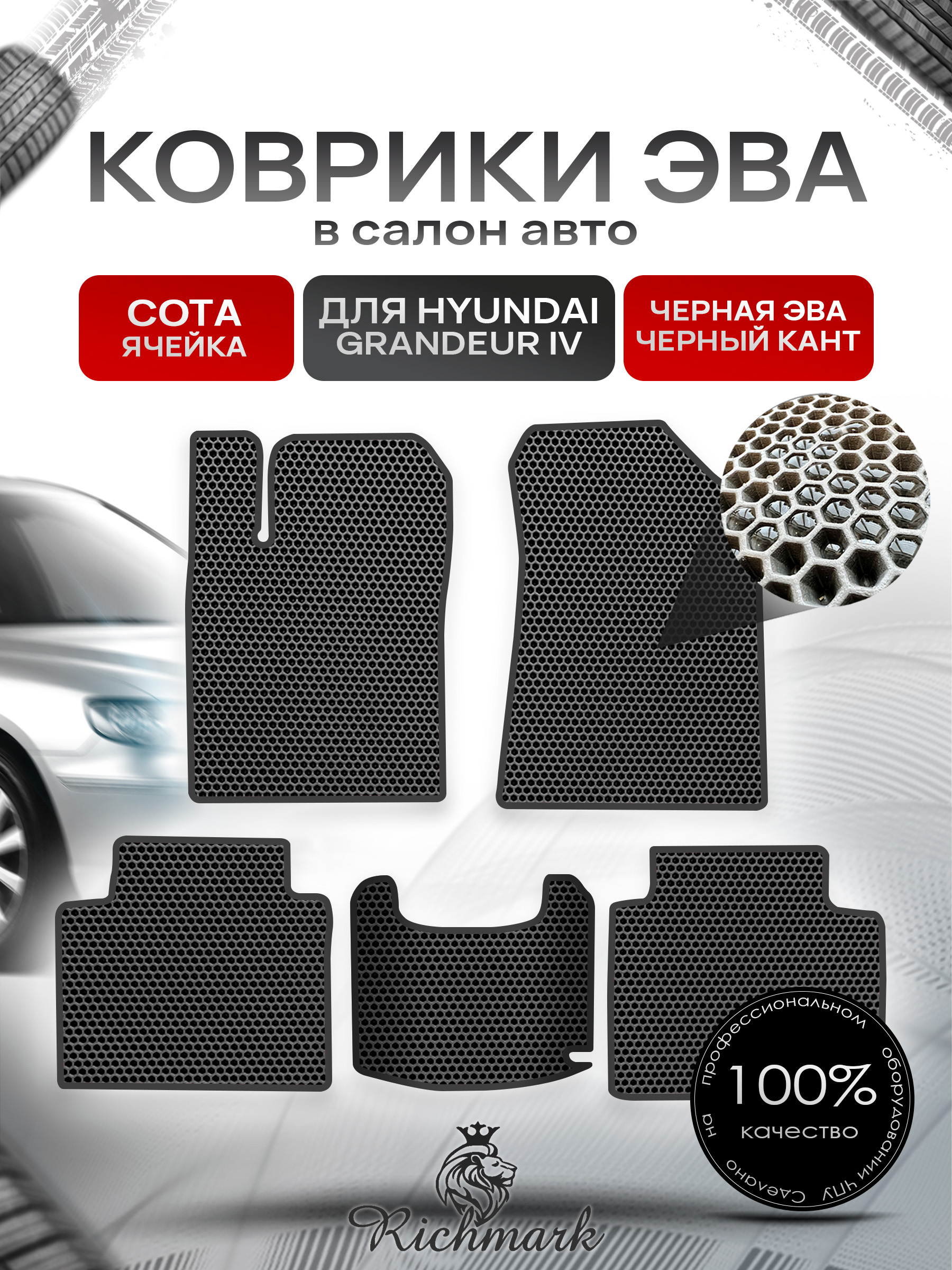 Коврики ЭВА СОТА для автомобиля Hyundai Grandeur 4 2005-2011 / Хендай Грандер 4 Чёрный С Чёрным Кантом. Ричмарк — фото 1