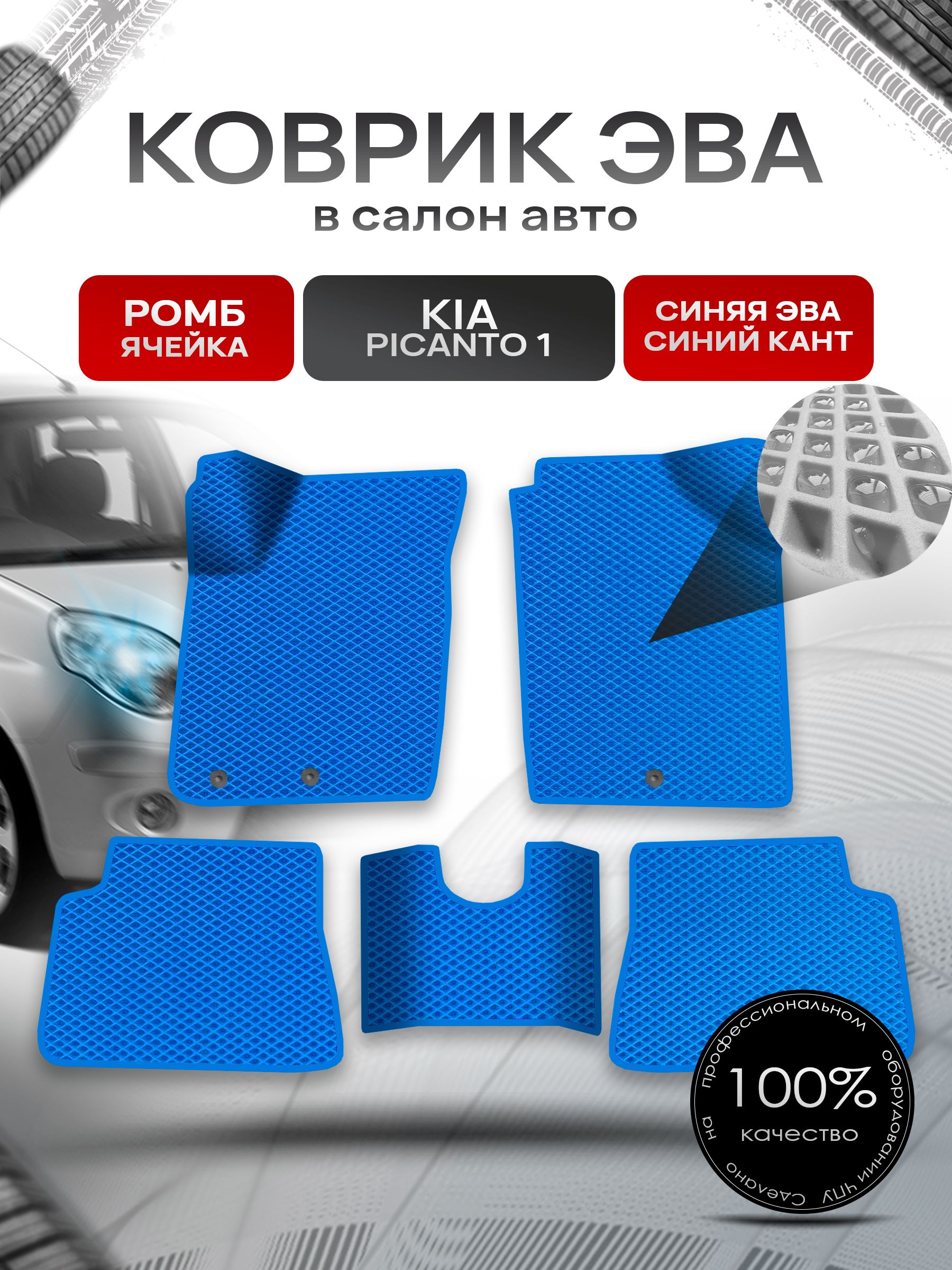 Коврики ЭВА Ромб для авто Kia Picanto 1 / Киа Пиканто 1 2004 - 2011 Синий с Синим кантом. Ричмарк — фото 1
