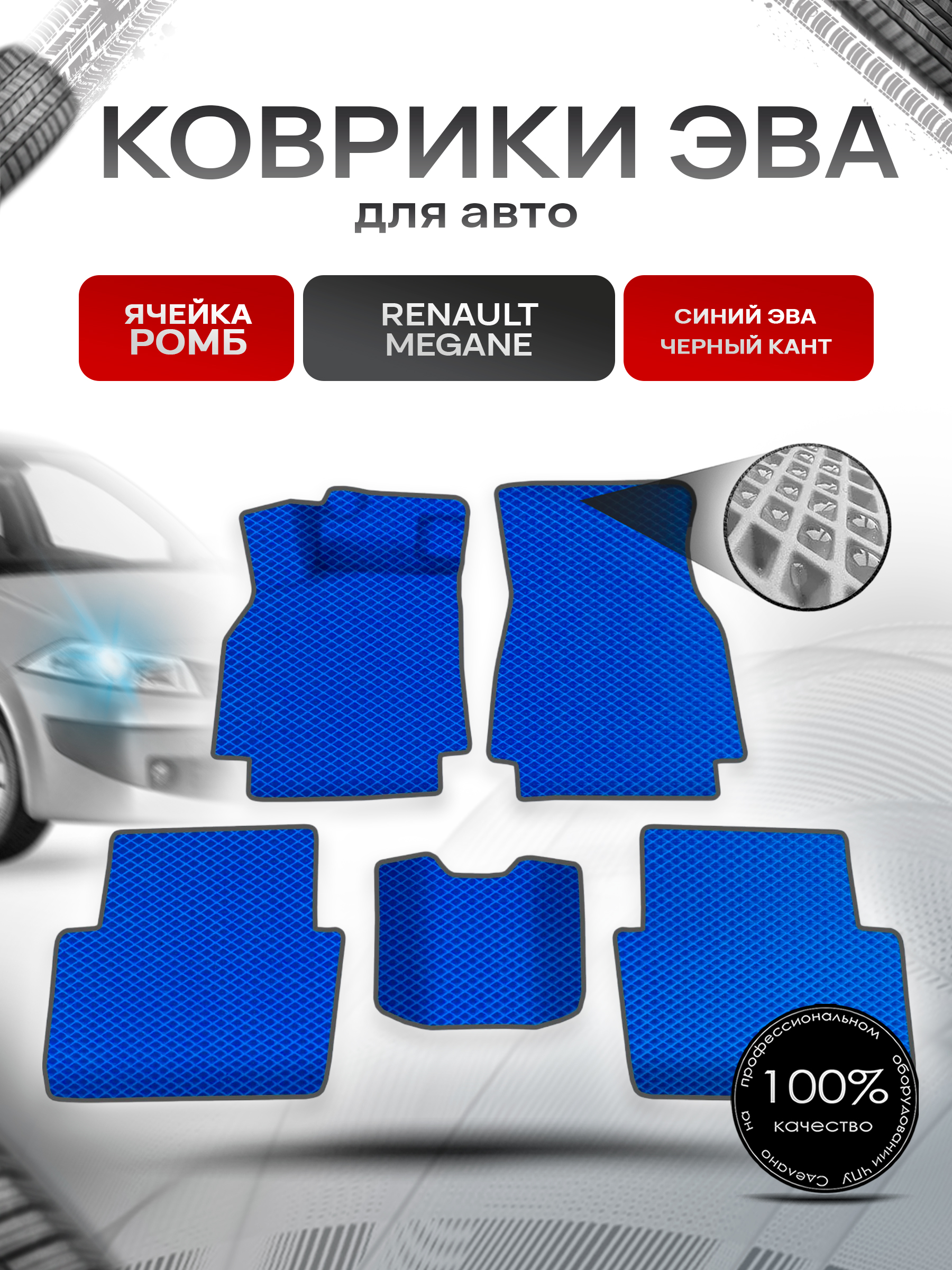 Коврики ЭВА для авто Renault Megane / Рено Меган 2002-2006 Г.В. Синий С Чёрным Кантом. Ричмарк — фото 1