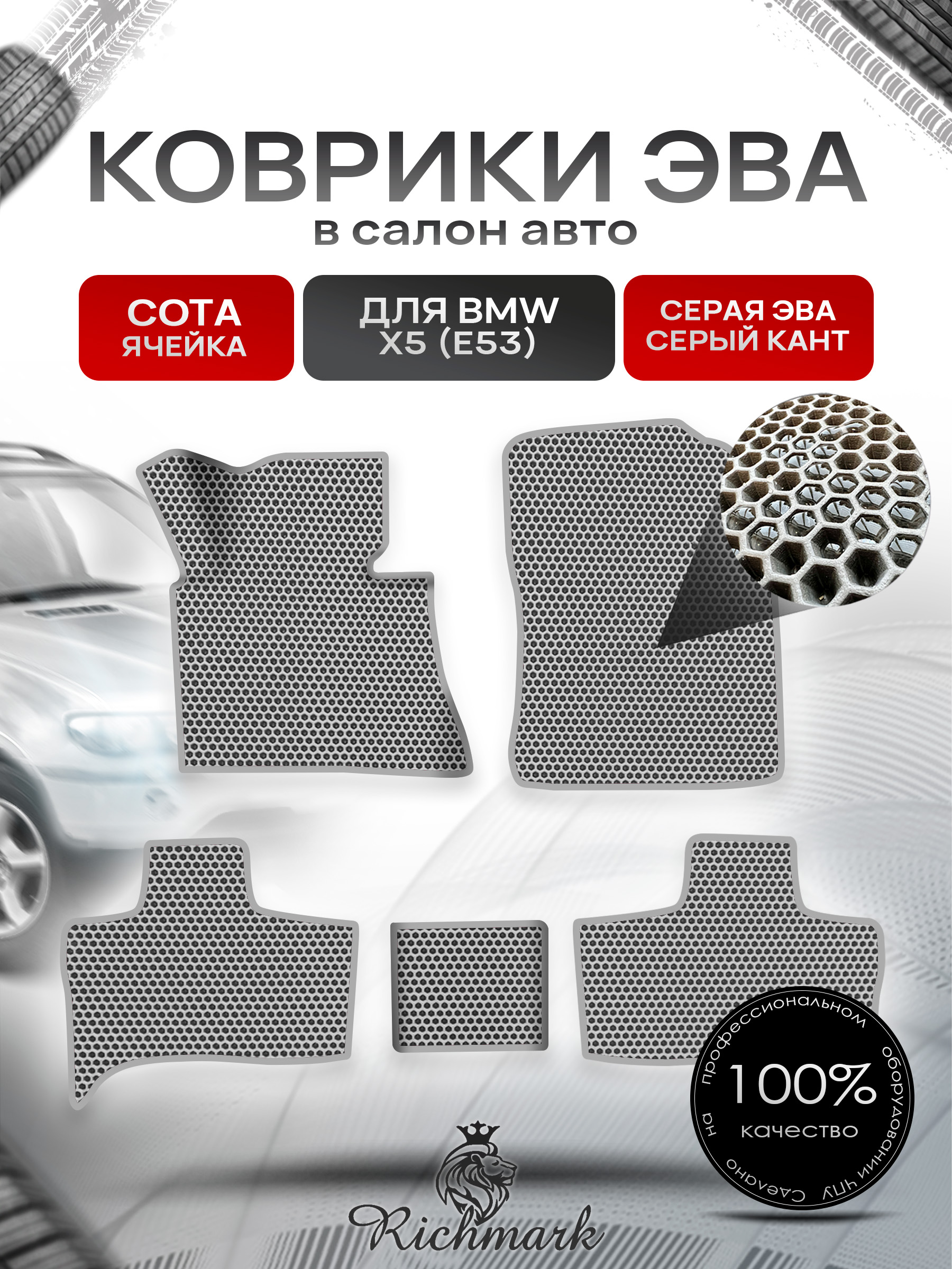 Коврики ЭВА СОТА для авто Бмв / BMW X5 (E53) 1999-2006 Г.В. Серый с Серым кантом. Ричмарк — фото 1