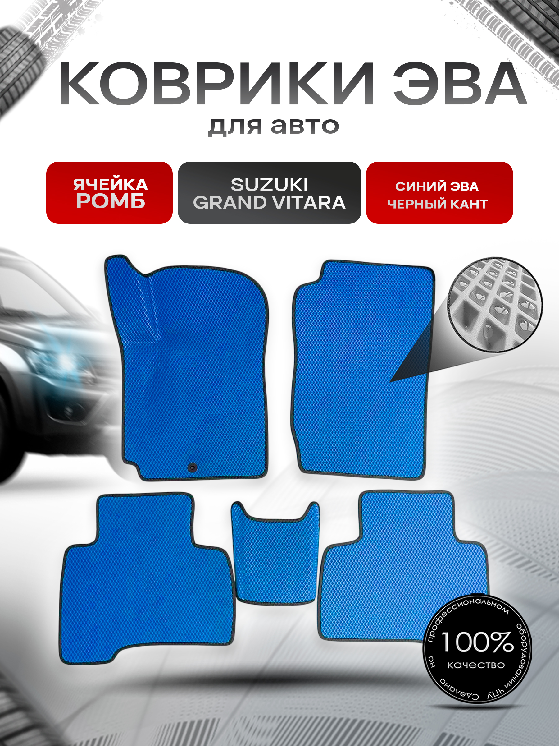 Коврики ЭВА для авто Suzuki Grand Vitara / Сузуки Гранд Витара Левый Руль 2005-2015 Г.В. Синий С Чёрным Кантом. Ричмарк — фото 1