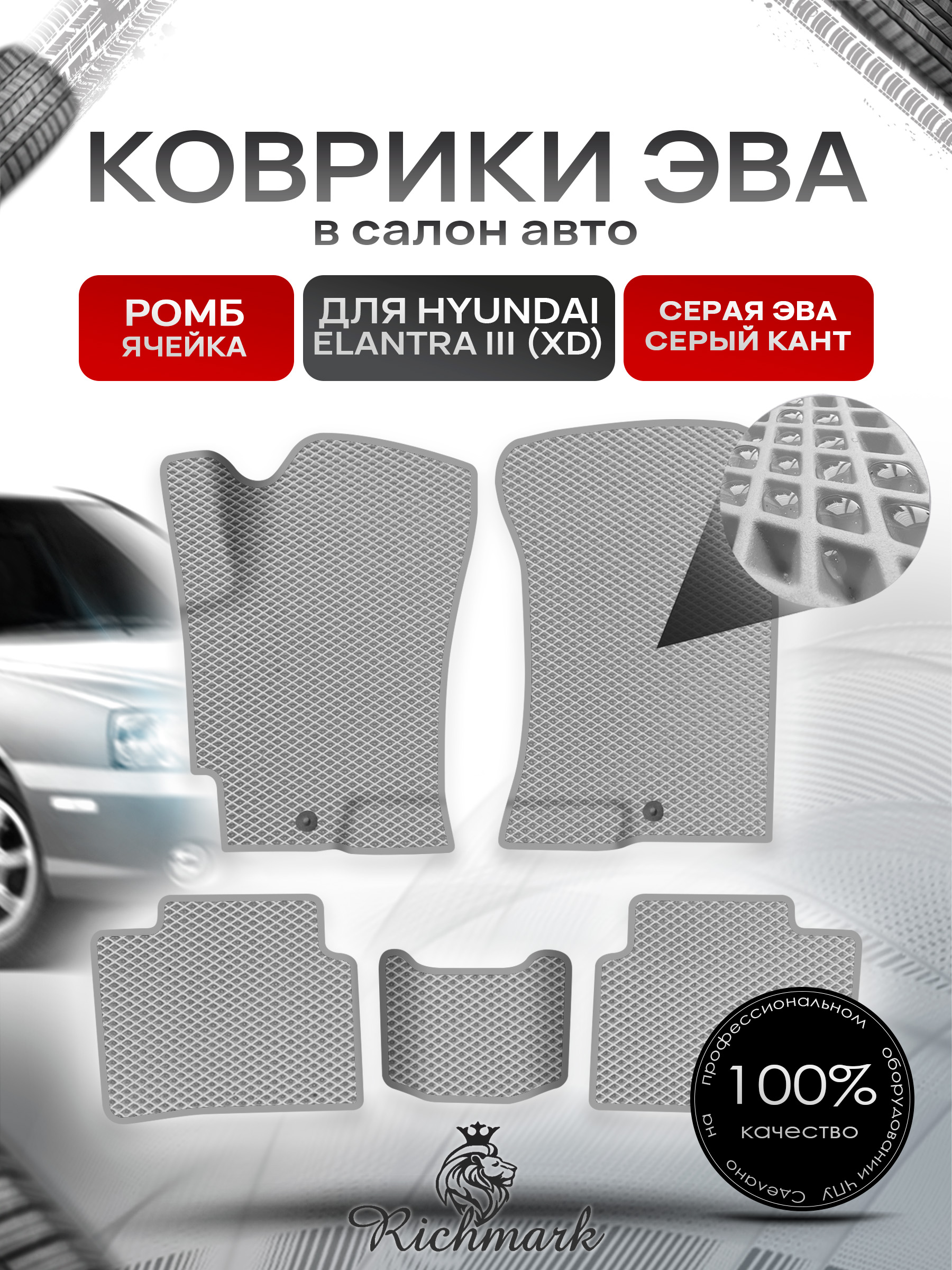 Коврики ЭВА для авто Hyundai Elantra / Хюндай Элантра (XD) 2000-2010 Г.В. Серый С Серым Кантом. Ричмарк — фото 1