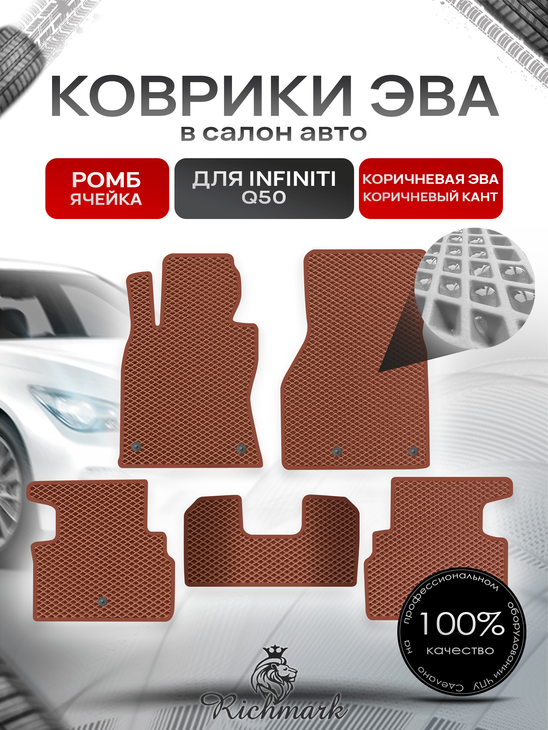 Коврики ЭВА РОМБ для автомобиля Infiniti Q50 2013+ / Инфинити Коричневый С Коричневым Кантом. Ричмарк — фото 1