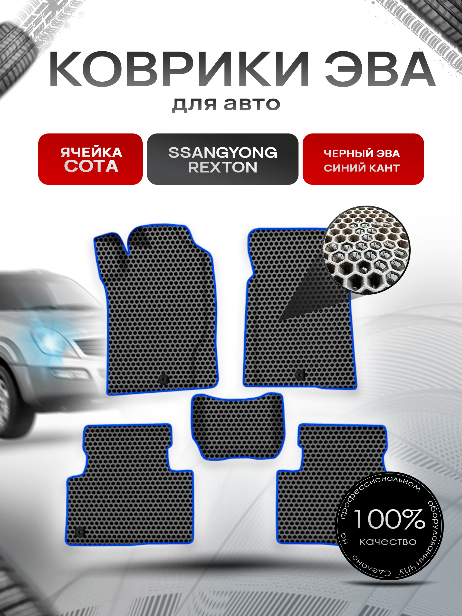 Коврики ЭВА СОТА для авто ССанг Йонг Рекстон / SSangYong Rexton 2001-2020 Г.В. Чёрный с Синим кантом. Ричмарк — фото 1