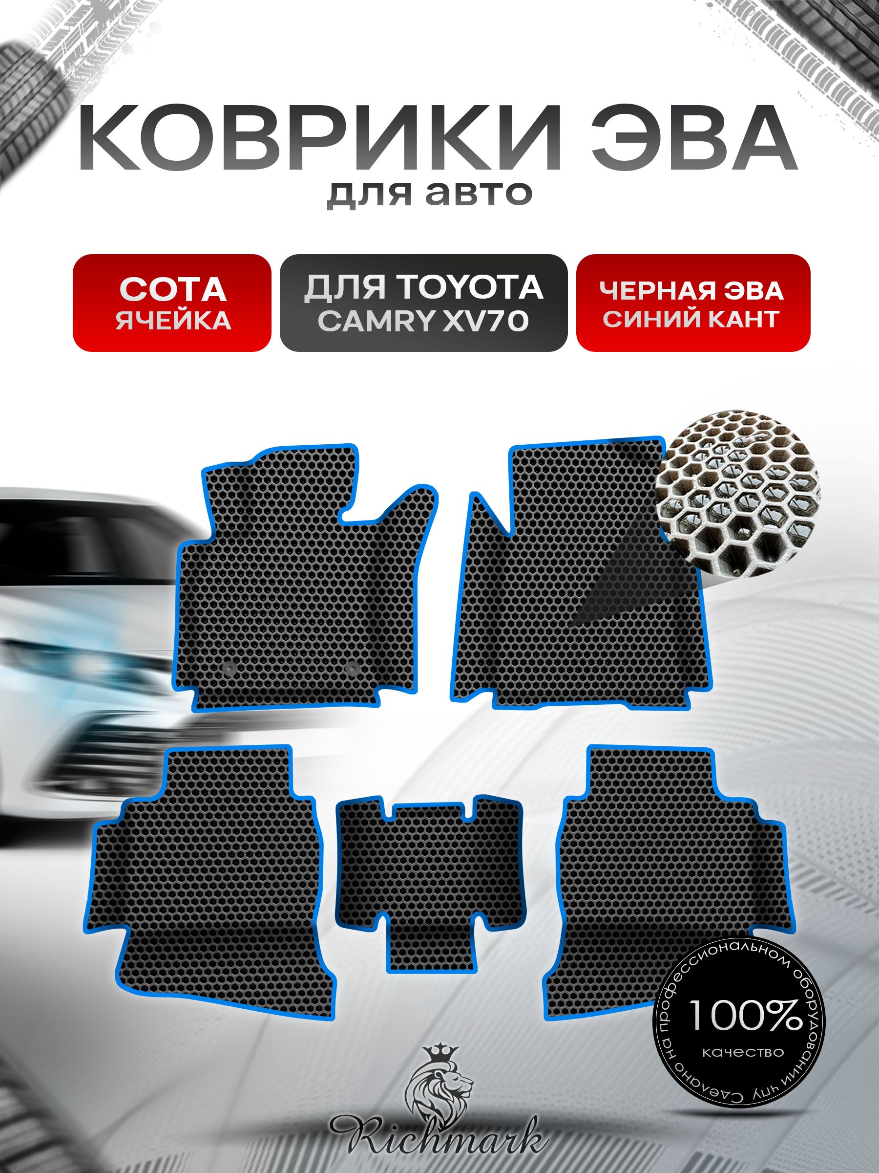 Коврики ЭВА СОТА для авто с бортами Toyota Camry 8 XV70 2017-2021 / Тойота Камри 8 XV70 Чёрный с Синим кантом. Ричмарк — фото 1
