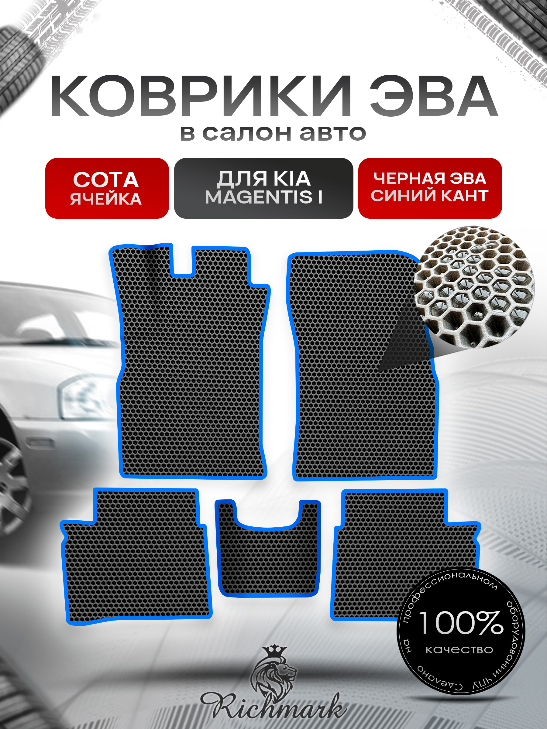 Коврики ЭВА СОТА для автомобиля Kia Magentis 2000-2006 / Киа Маджентис Чёрный С Синим Кантом. Ричмарк — фото 1