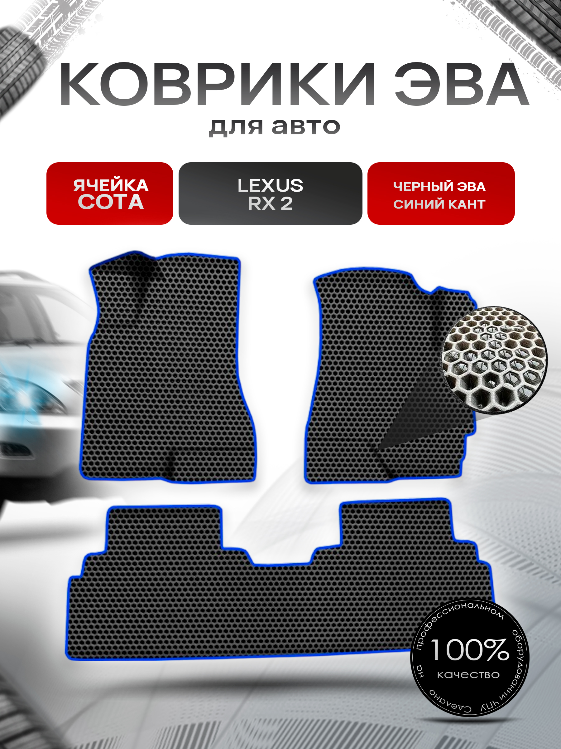 Коврики ЭВА СОТА для авто Лексус / Lexus RX 2 2003-2009 Г.В. Чёрный с Синим кантом. Ричмарк — фото 1