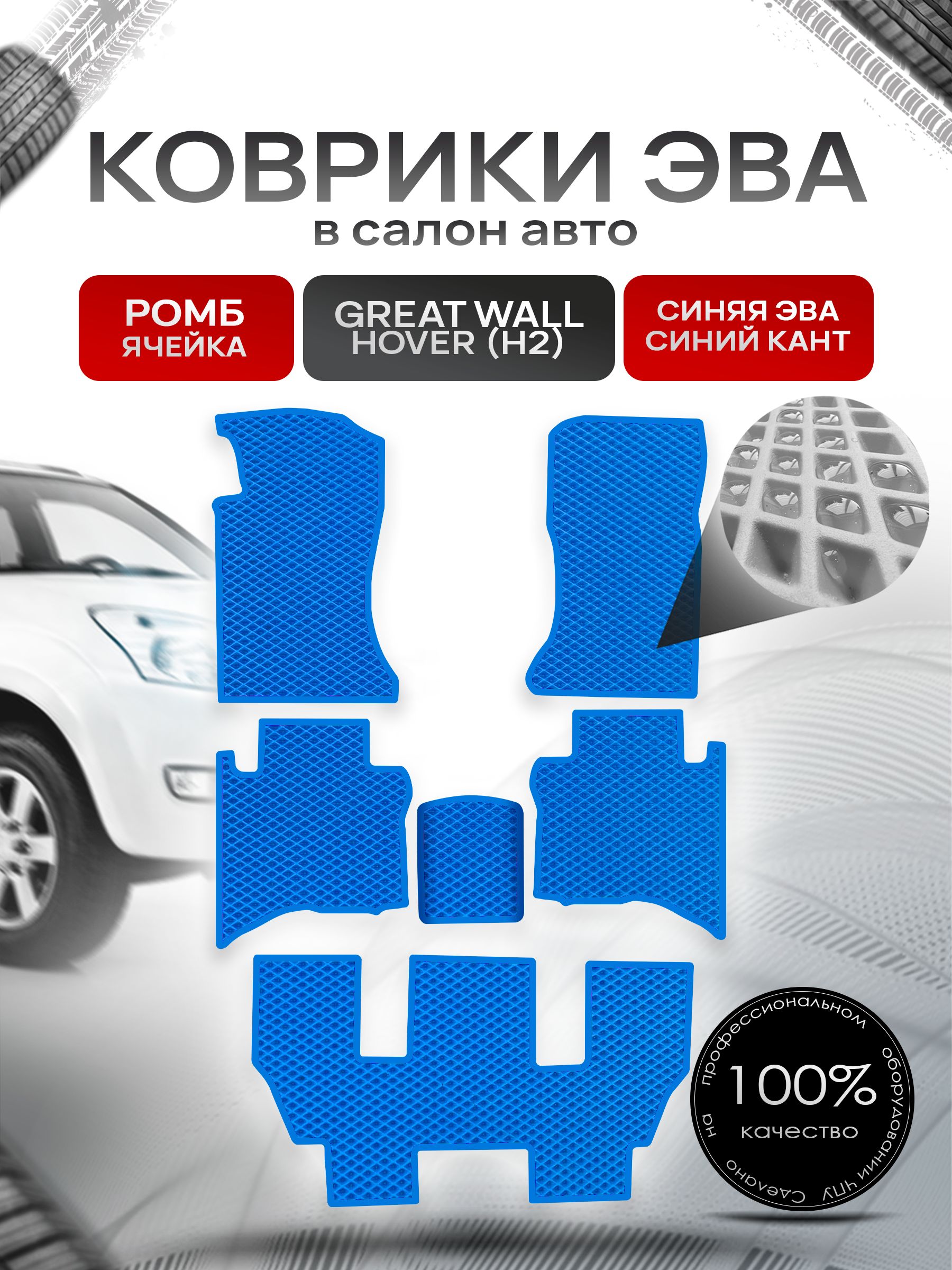 Коврики ЭВА РОМБ для авто Грейт Волл Ховер (7 мест) / Great Wall Hover (H2) 2005-2010 (7 мест) Синий С Синим Кантом. Ричмарк — фото 1
