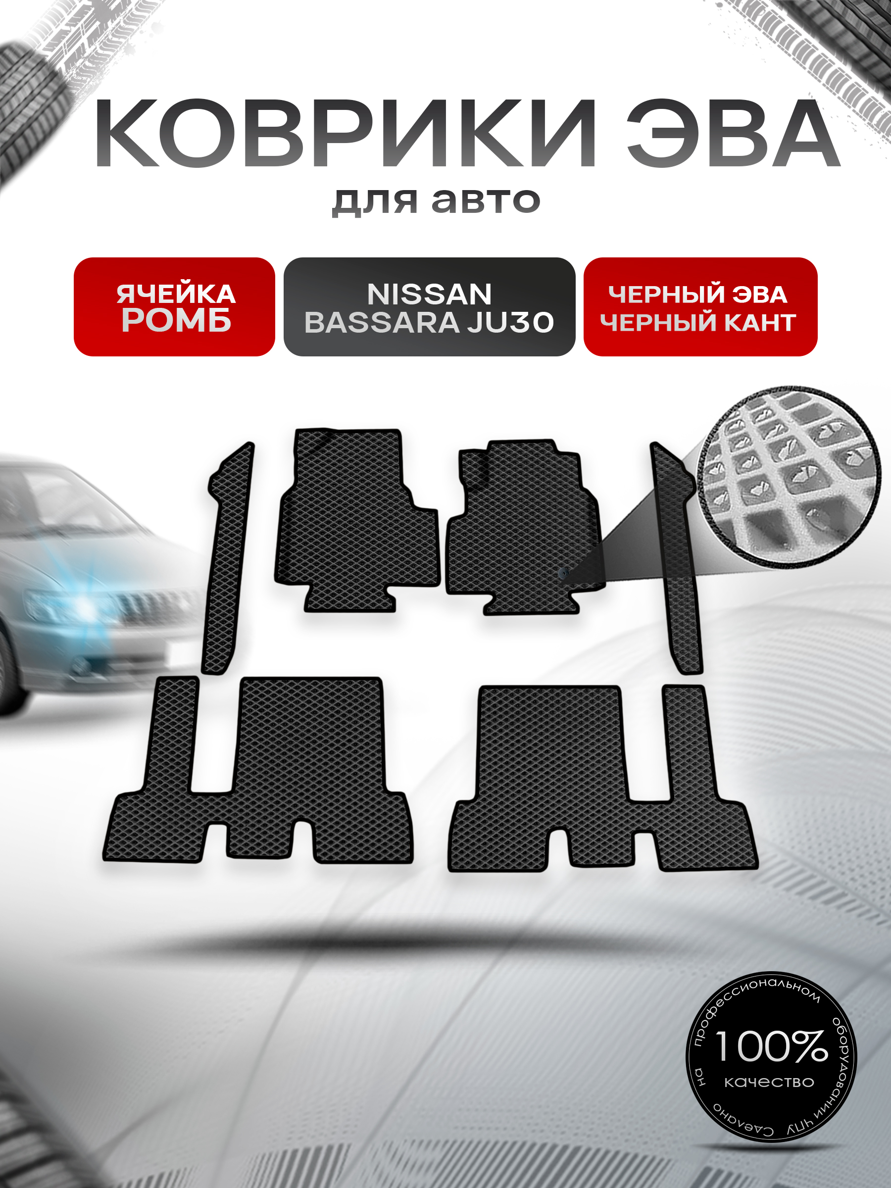 Коврики ЭВА Ромб для авто Nissan bassara ju30 пр. Руль Г.В. Чёрный с Чёрным кантом. Ричмарк — фото 1