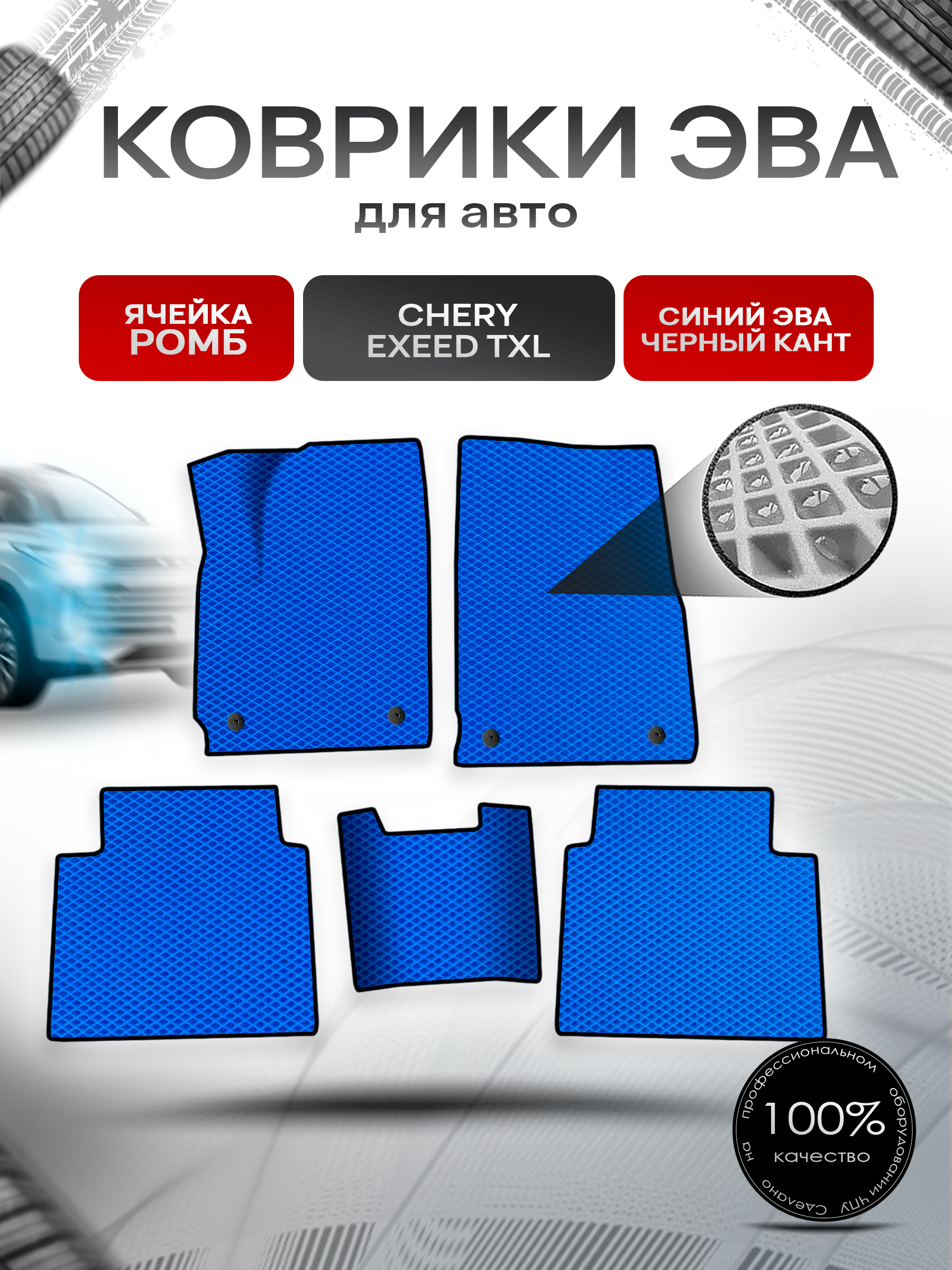 Коврики ЭВА Ромб для авто Chery Exeed TXL / Черри Эксид ТХЛ Г.В. Синий с Чёрным кантом. Ричмарк — фото 1