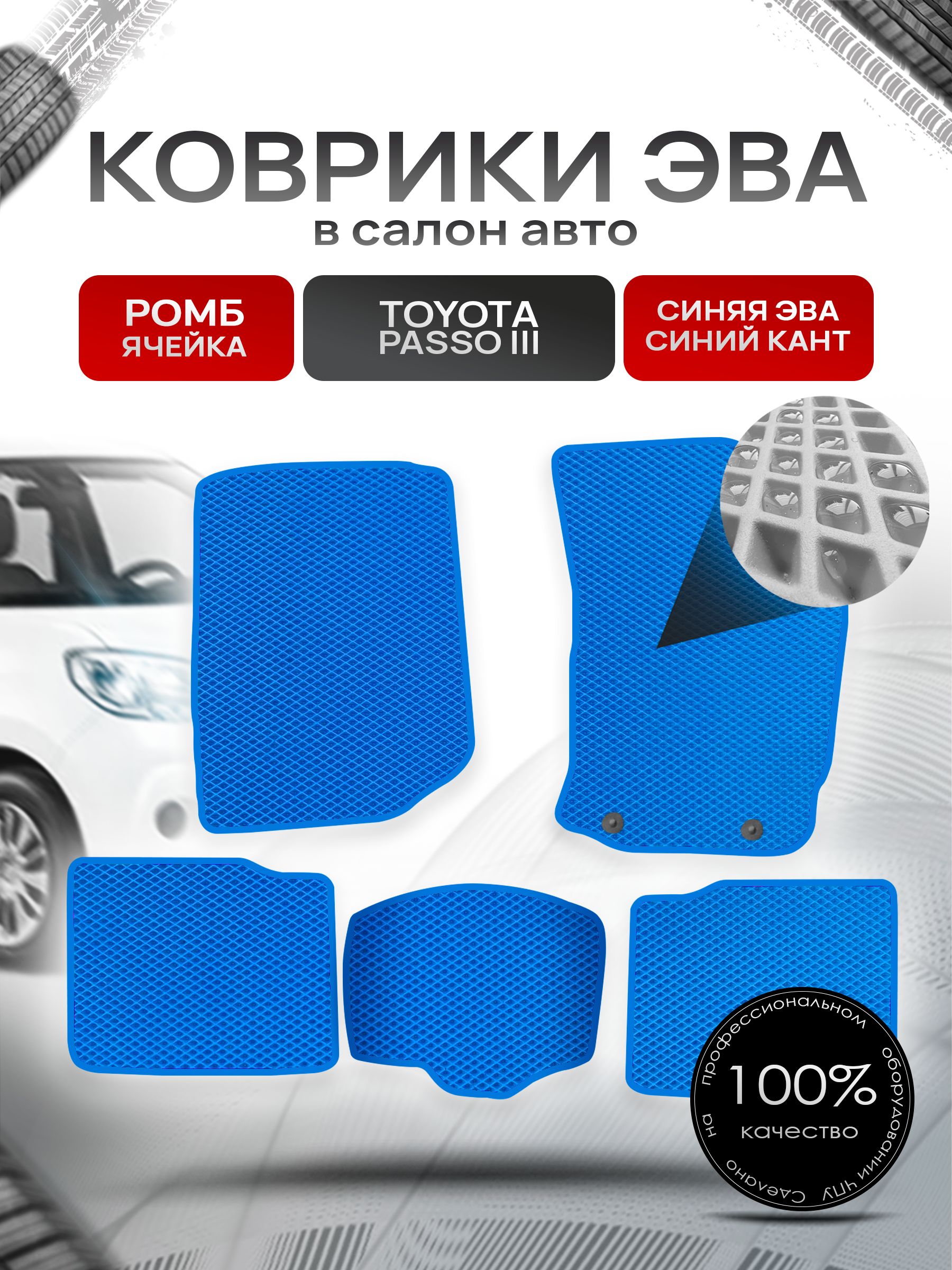 Коврики ЭВА Ромб для авто Тойота Пассо 3 / Toyota Passo 3 (правый руль) 2016 - 2022 Синий с Синим кантом. Ричмарк — фото 1