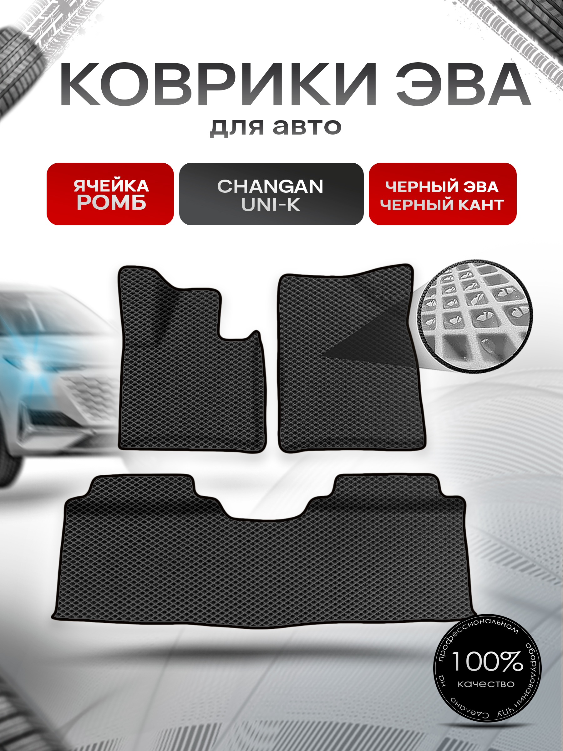 Коврики ЭВА Ромб для авто Changan UNI-K / Чанган УНИ-К 2022+ (с бортами) Чёрный с Чёрным кантом. Ричмарк — фото 1