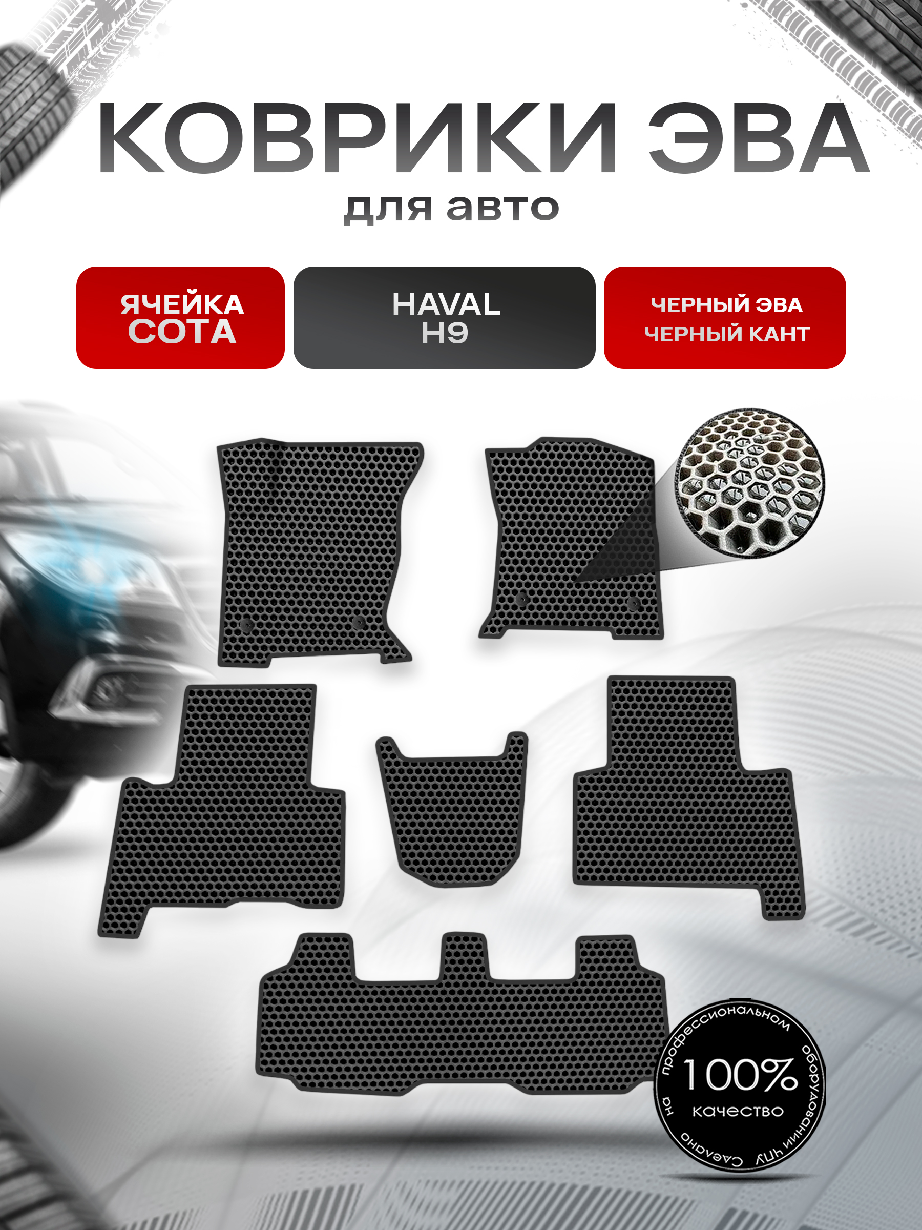 Коврики ЭВА СОТА для авто Haval H9 / Хавал Н9 2019+ Чёрный с Чёрным кантом. Ричмарк — фото 1