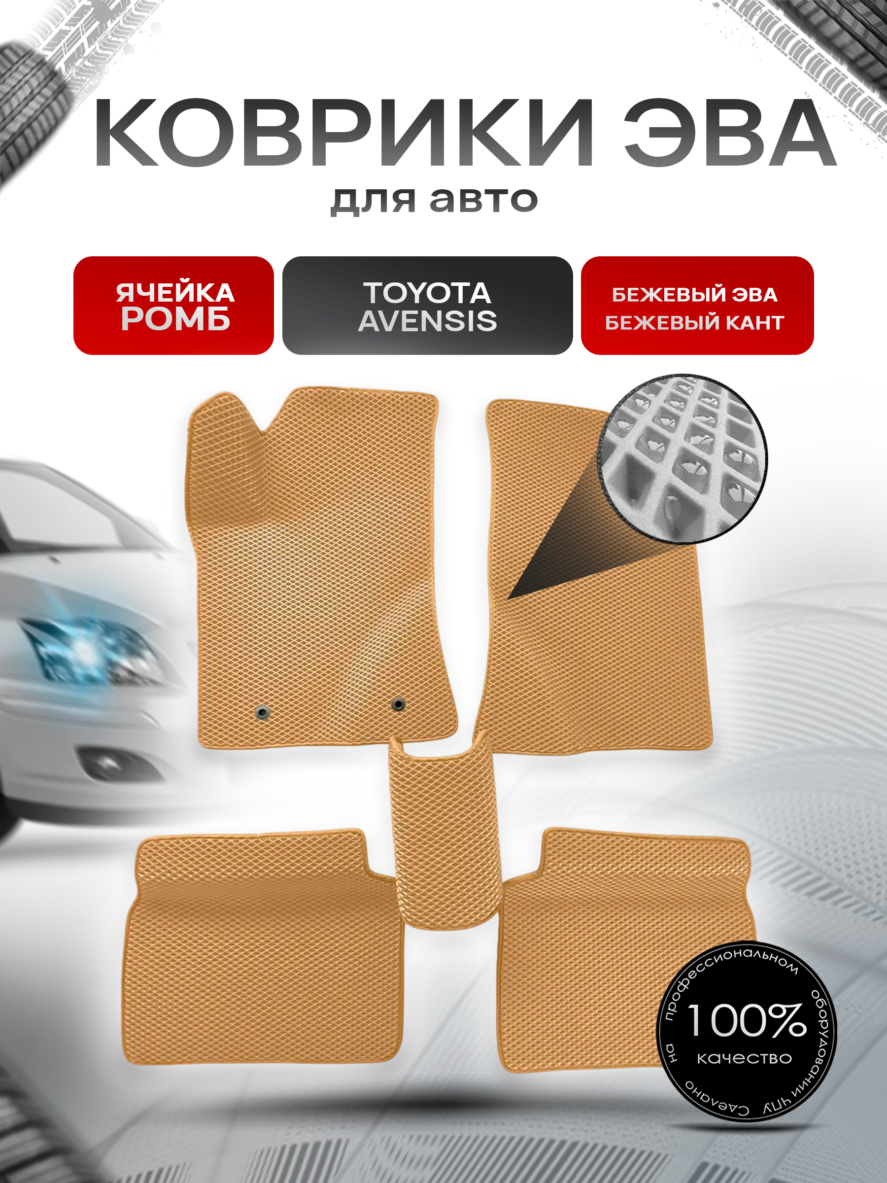 Коврики ЭВА для авто Toyota Avensis / Тойота Авенсис Леворульный 2003-2009 Г.В. Бежевый С Бежевым Кантом. Ричмарк — фото 1