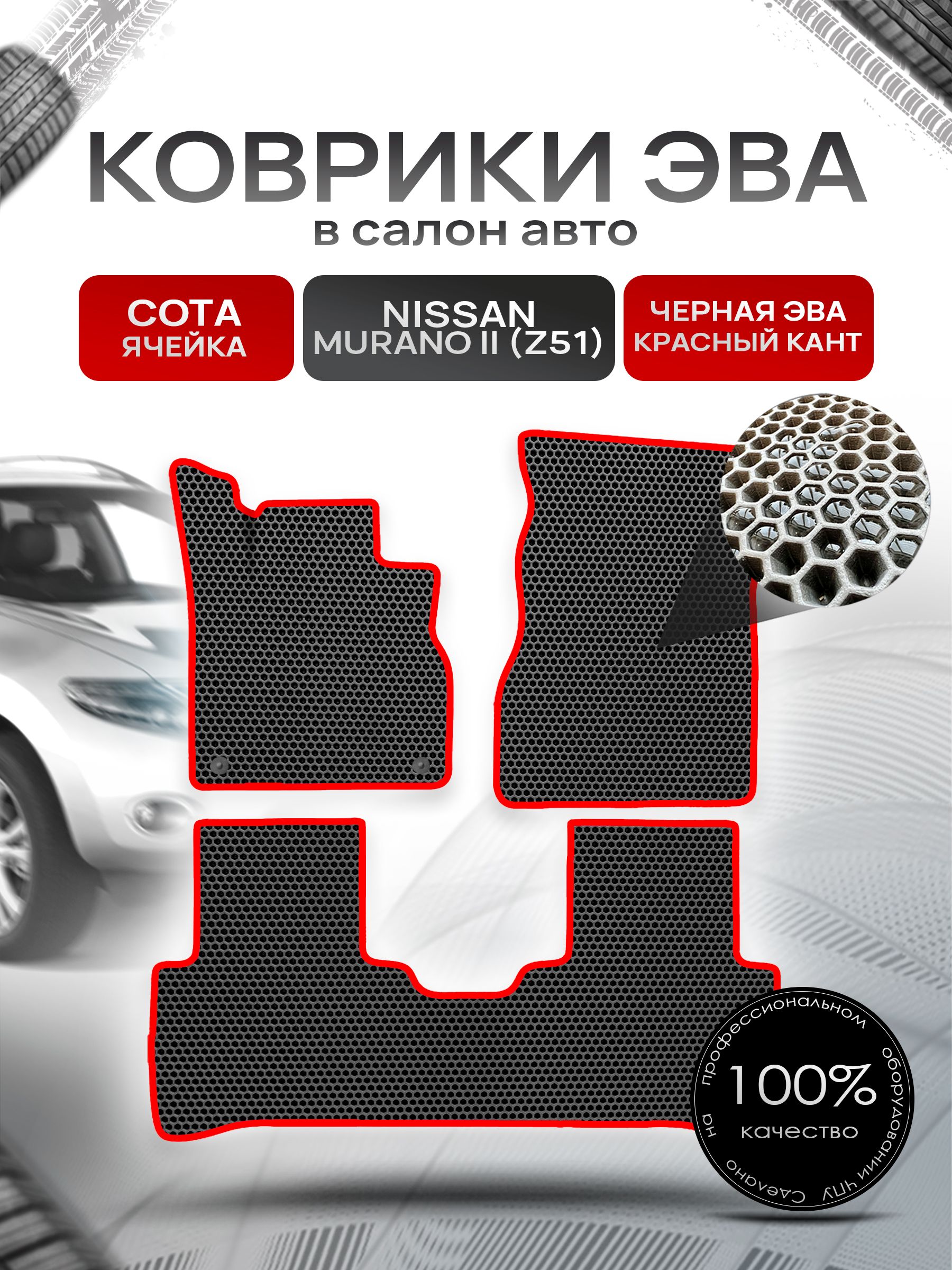 Коврики ЭВА СОТА для авто Ниссан Мурано з51 / Nissan Murano Z51 Левый Руль 2008-2015 Г.В. Чёрный с Красным кантом. Ричмарк — фото 1