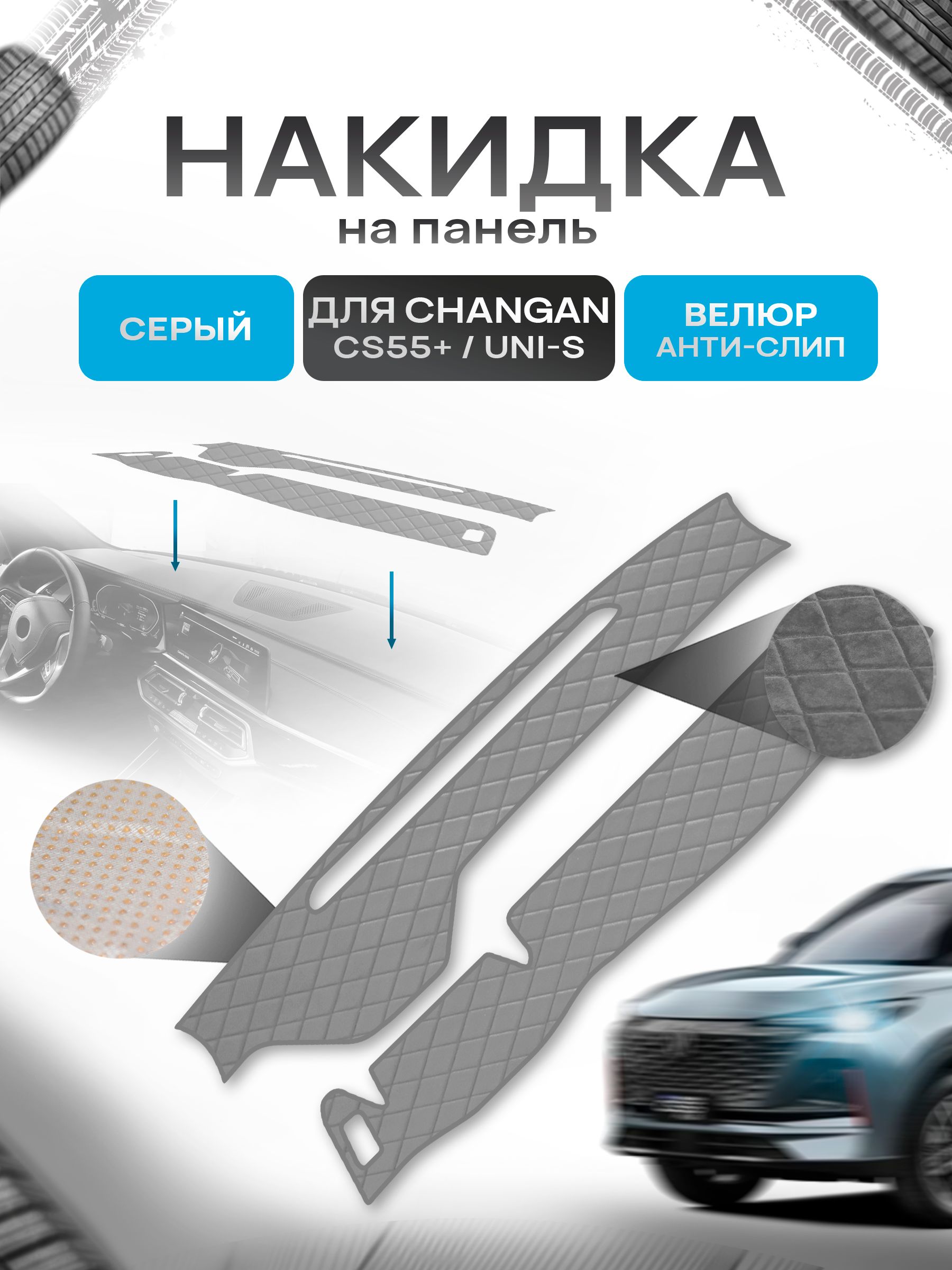 Накидка защитная на панель приборов (торпедо) для Changan CS55+ / UNI-S / Чанган ЦС55+ Серая из велюра с антислип покрытием. Ричмарк — фото 1