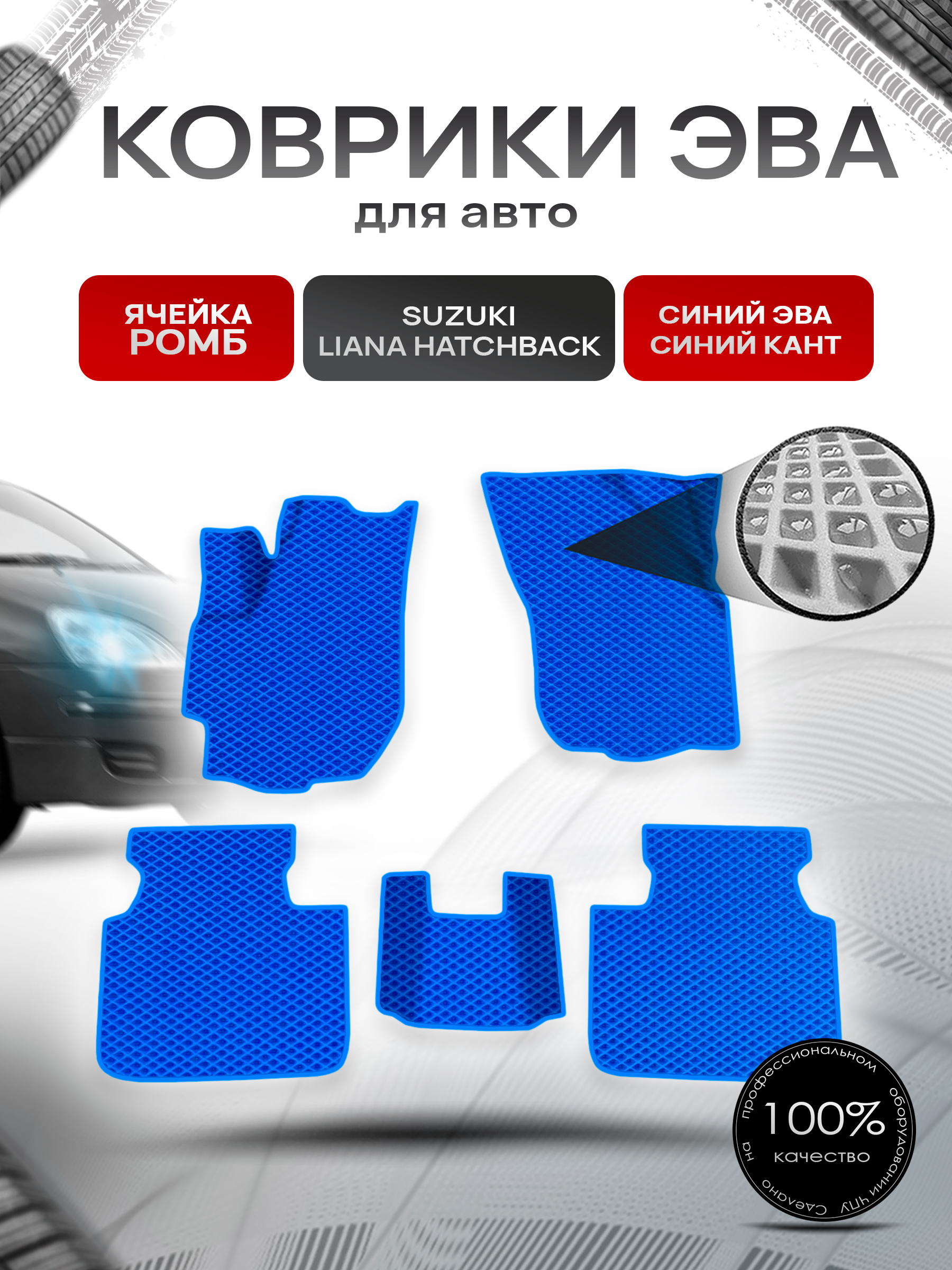 Коврики ЭВА Ромб для авто Suzuki Liana Hatchback / Сузуки Лиана Хэтчбэк 2001-2008 Г.В. Синий с Синим кантом. Ричмарк — фото 1