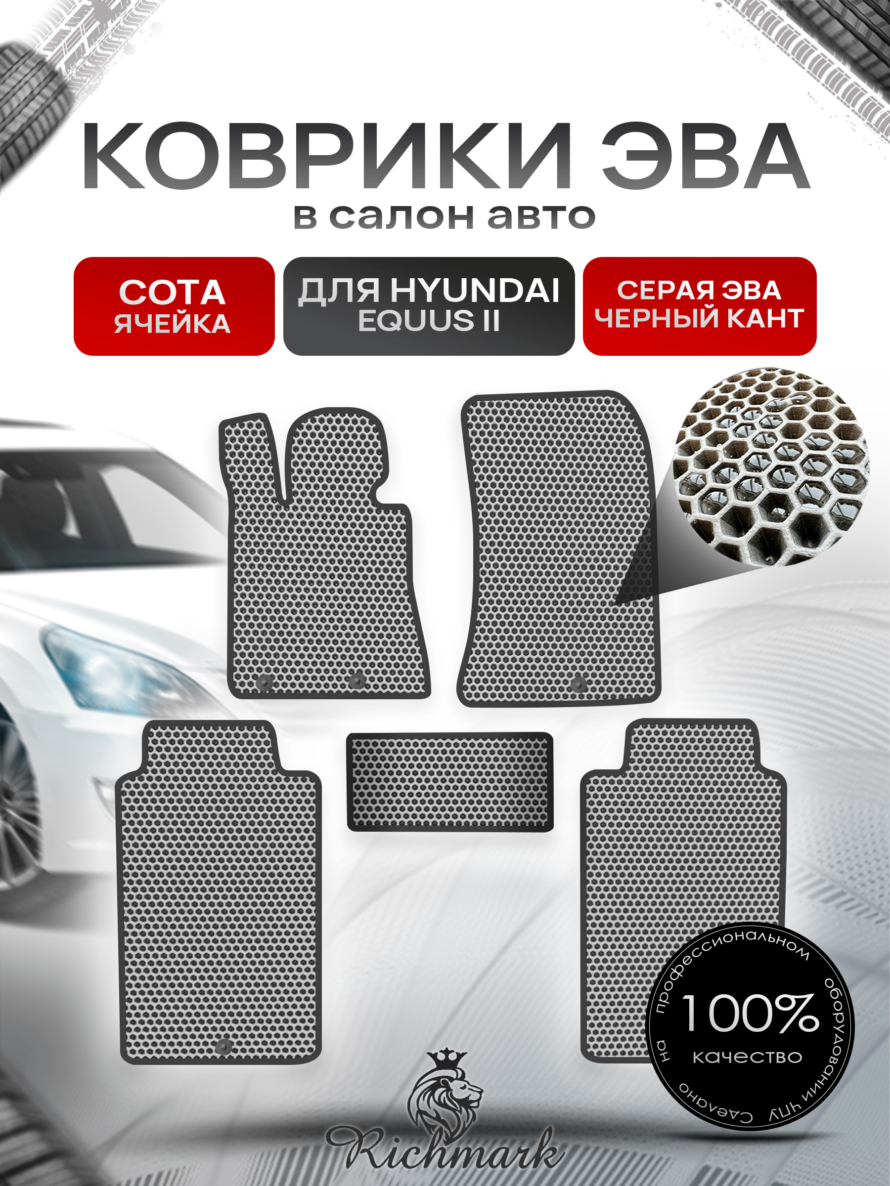 Коврики ЭВА СОТА для автомобиля Hyundai Equus 2 2009-2016 / Хендай Экус 2 Серый С Чёрным Кантом. Ричмарк — фото 1