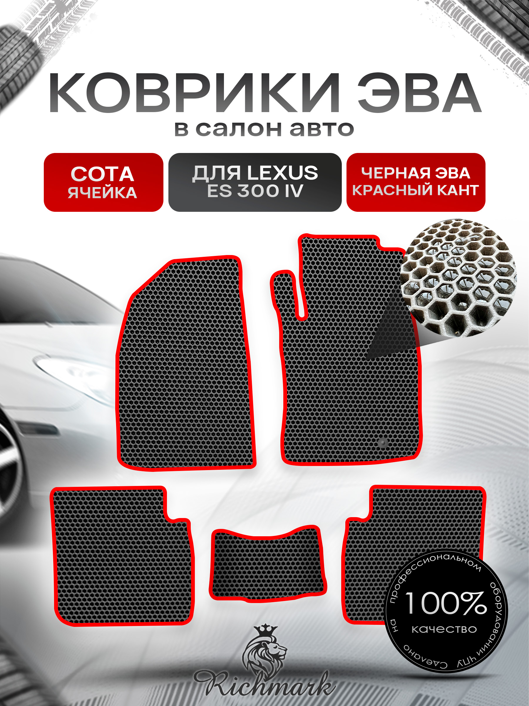 Коврики ЭВА СОТА для автомобиля Lexus ES 300 IV (правый руль) 2001-2006 / Лексус ЕС300 Чёрный С Красным Кантом. Ричмарк — фото 1