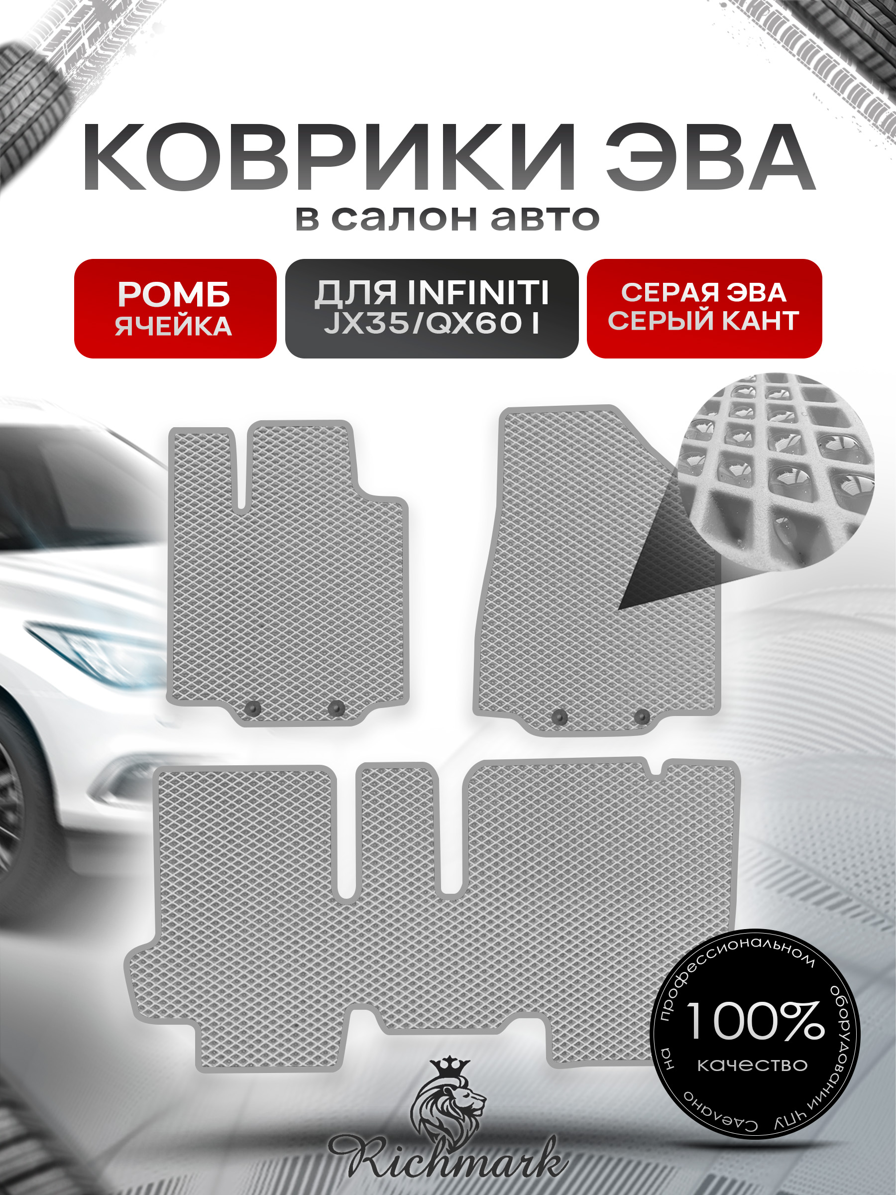 Коврики ЭВА РОМБ для автомобиля Infiniti JX35-QX60 I (5 мест) 2012-2016 / Инфинити Серый С Серым Кантом. Ричмарк — фото 1