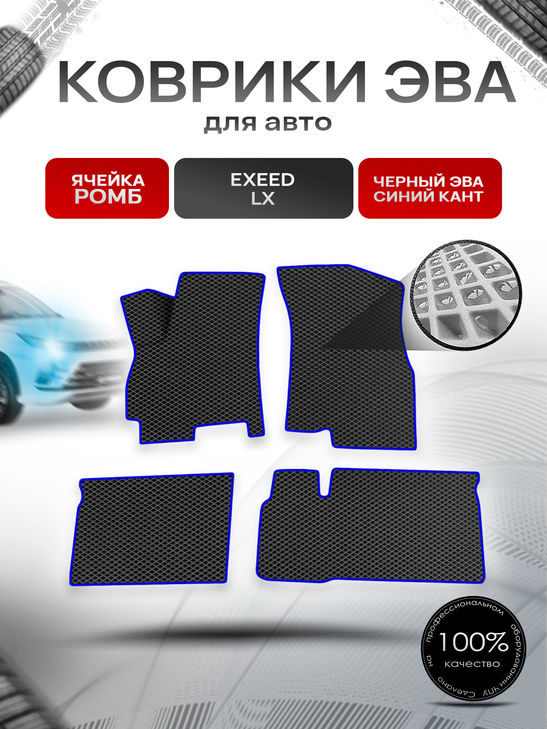 Коврики ЭВА Ромб для авто Exeed LX / Эксид ЛХ 2023+ Чёрный с Синим кантом. Ричмарк — фото 1