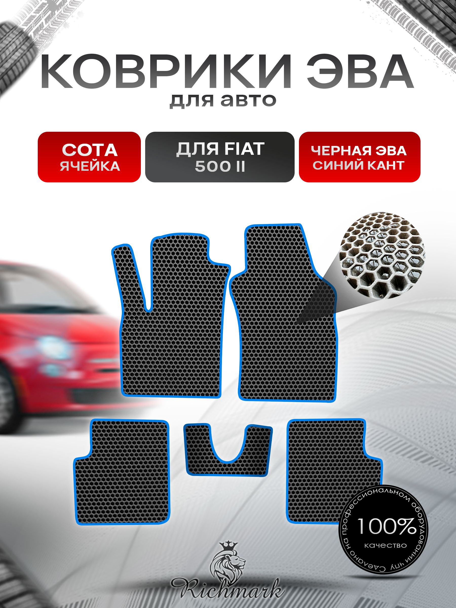 Коврики ЭВА СОТА для автомобиля Fiat 500-2 2007+ / Фиат 500-2 Чёрный С Синим Кантом. Ричмарк — фото 1