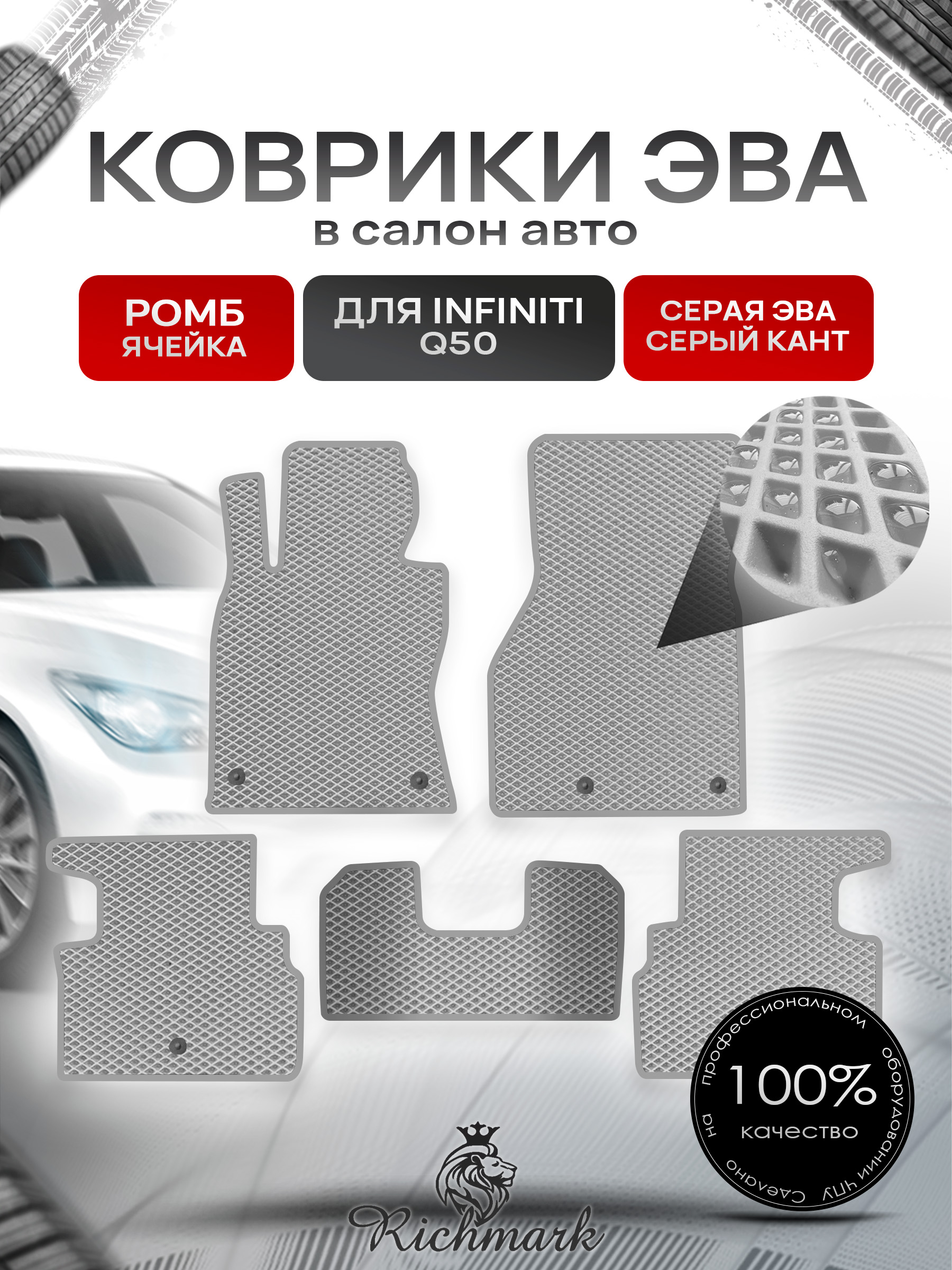 Коврики ЭВА РОМБ для автомобиля Infiniti Q50 2013+ / Инфинити Серый С Серым Кантом. Ричмарк — фото 1