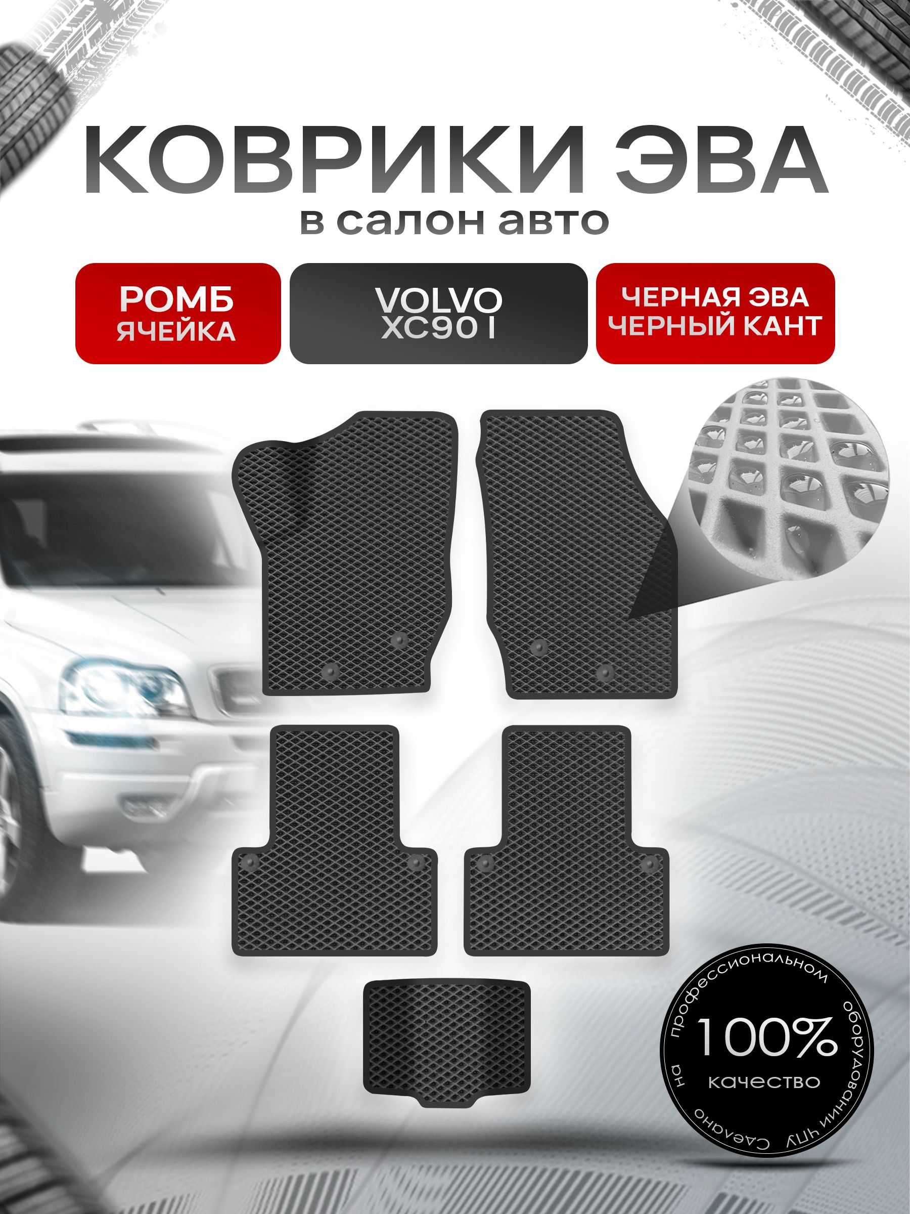 Коврики ЭВА для авто Volvo XC90 / Вольво ХС90 2006-2014 Г.В. Чёрный С Чёрным Кантом. Ричмарк — фото 1
