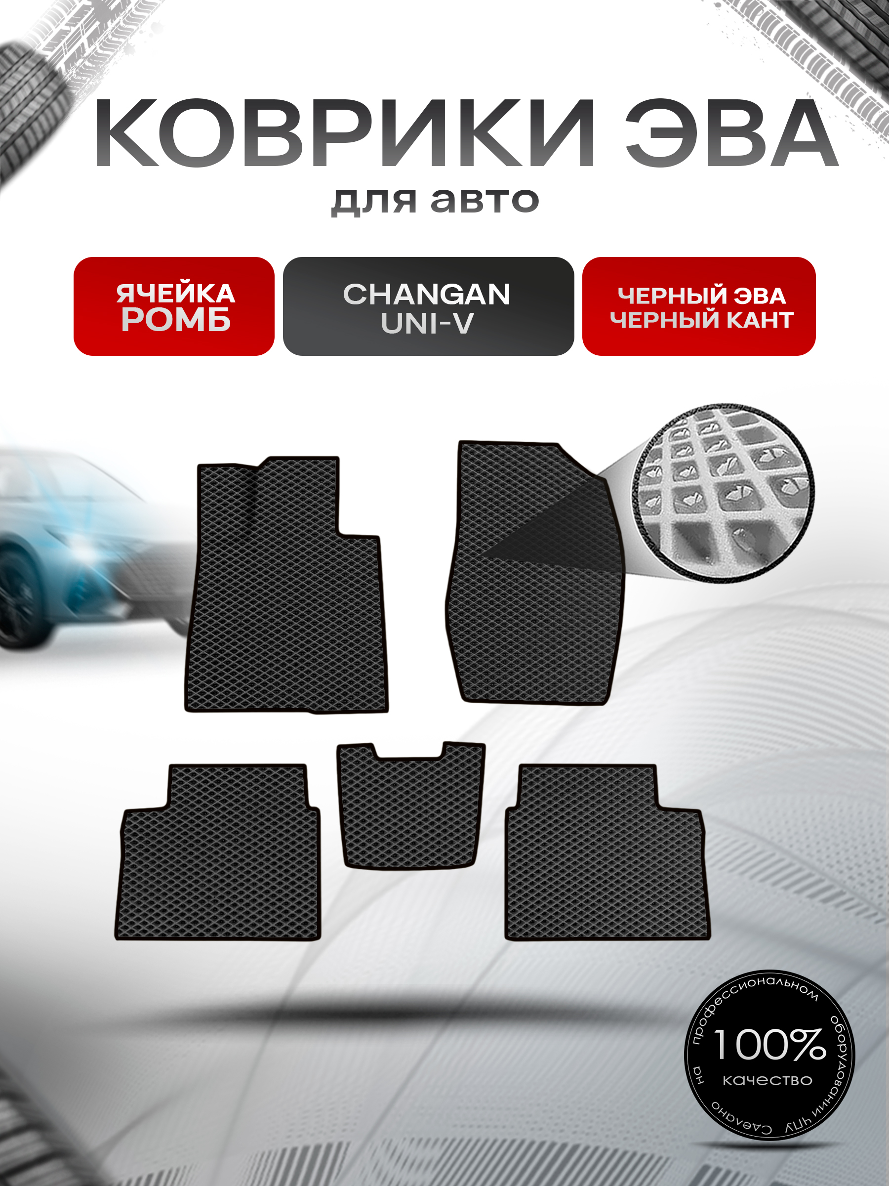 Коврики ЭВА Ромб для авто Changan UNI-V / Чанган УНИ-Ви 2022+ Чёрный с Чёрным кантом. Ричмарк — фото 1